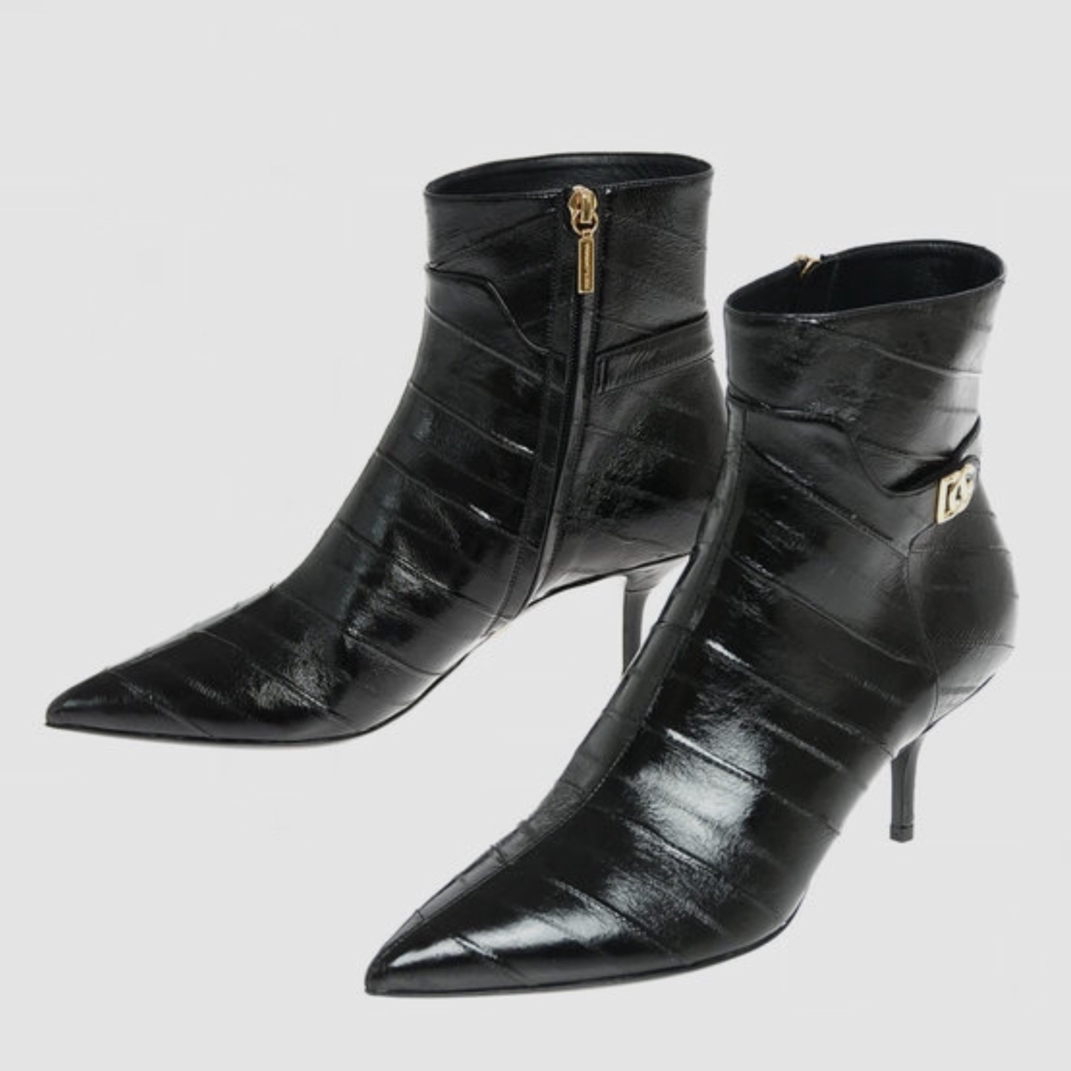 Дамски черни обувки боти на висок ток от естествена кожа от змиорка Dolce & Gabbana Black Eel Leather DG Logo Ankle Boots