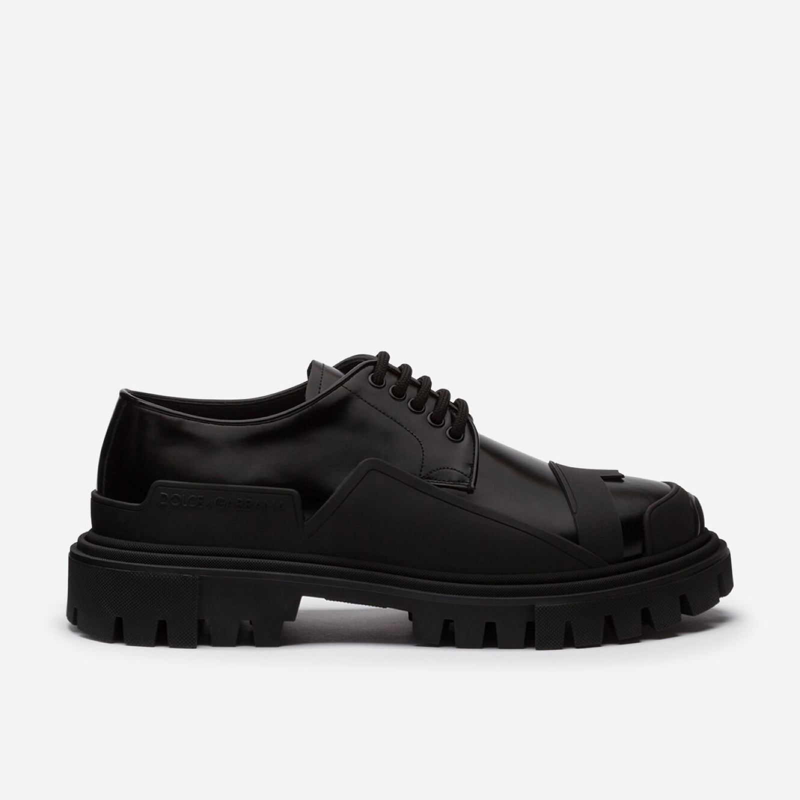 Dolce & Gabbana Black Patent Leather Trekking Men Derby Shoes Medial View