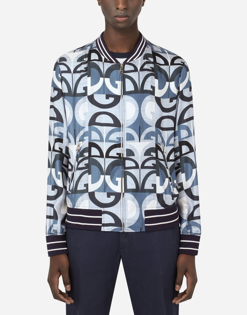 Мъжко пролетно копринено яке в светло синьо, бяло, сиво и черно DOLCE & GABBANA Men’s Luxury Silk Bomber Jacket