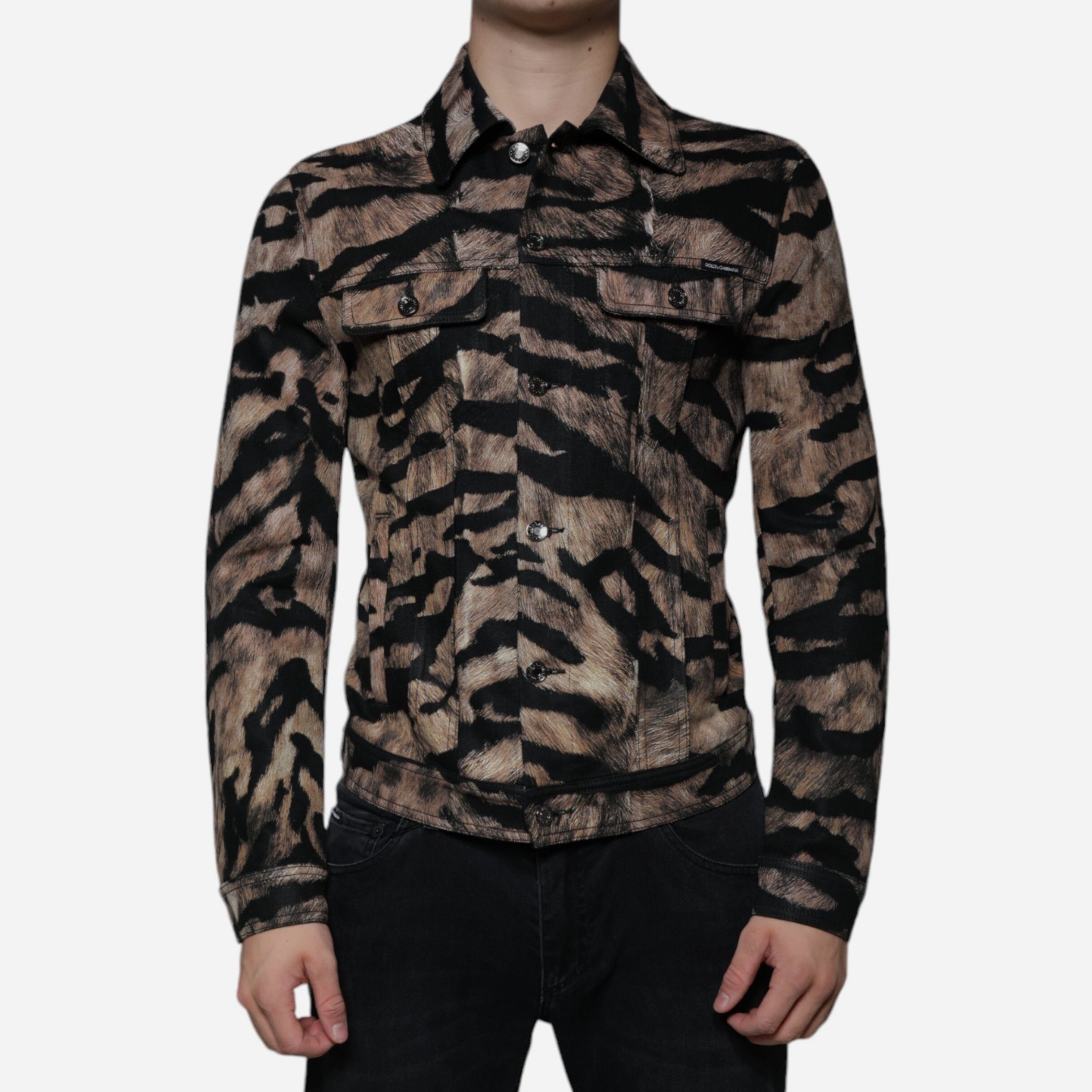 Мъжко луксозни дънково яке в кафява тигрова разцветка DOLCE & GABBANA Men’s Luxury Brown Tiger Button Down Cotton Stretch Jacket