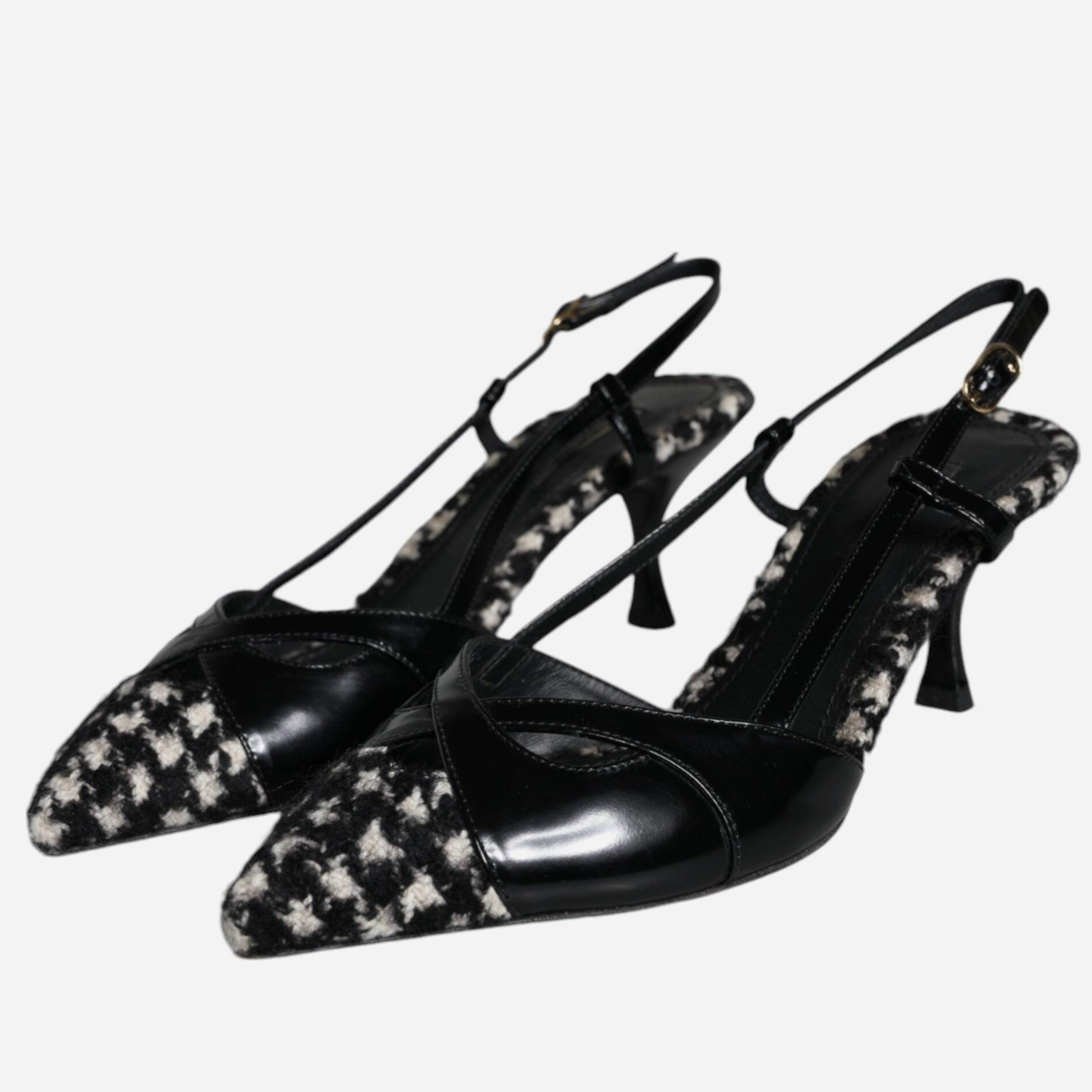 Dolce & Gabbana Black Leather Houndstooth Slingback Shoes