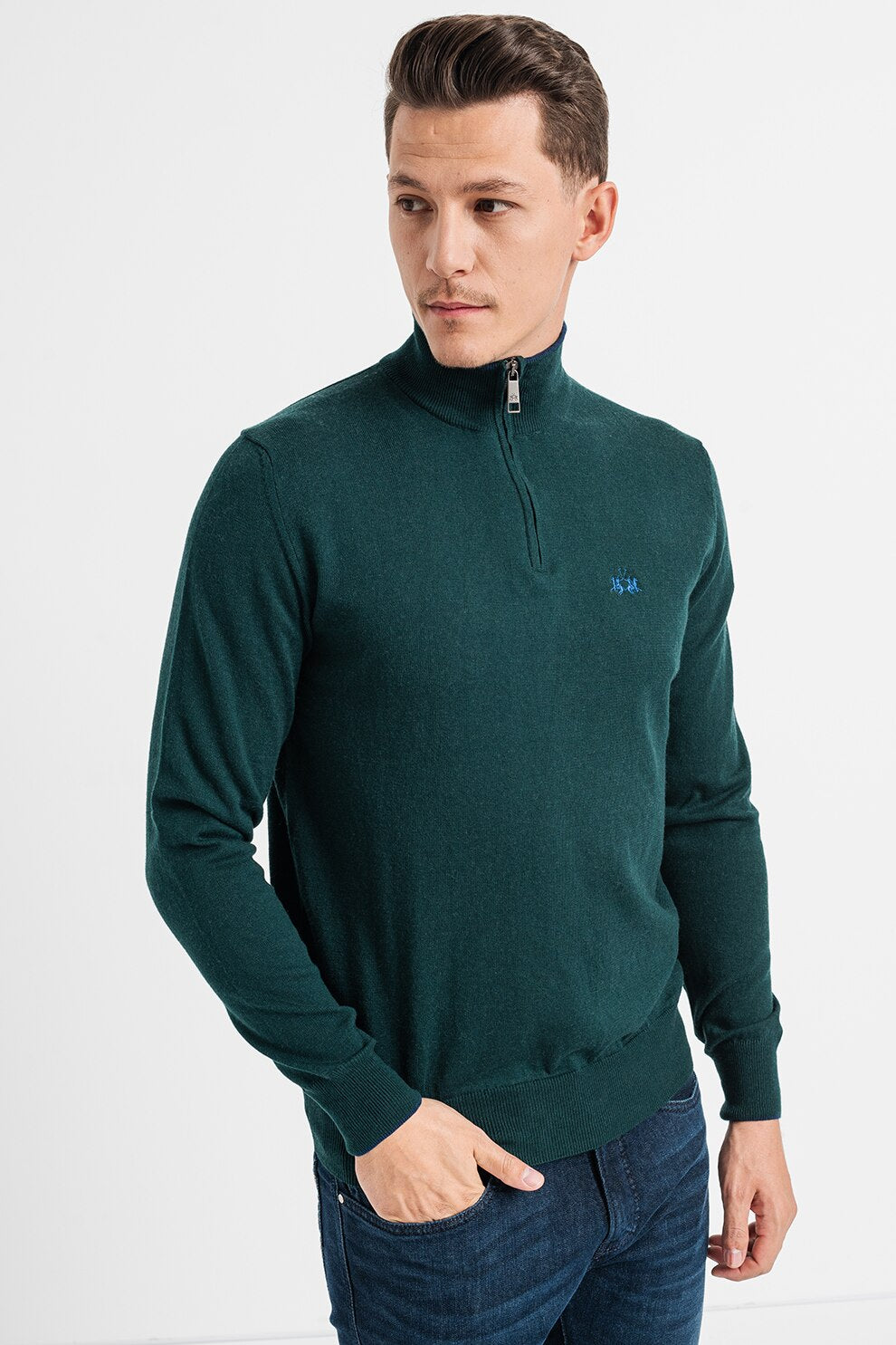 Мъжки пуловер с цип Men’s sweater La Martina Dark Green