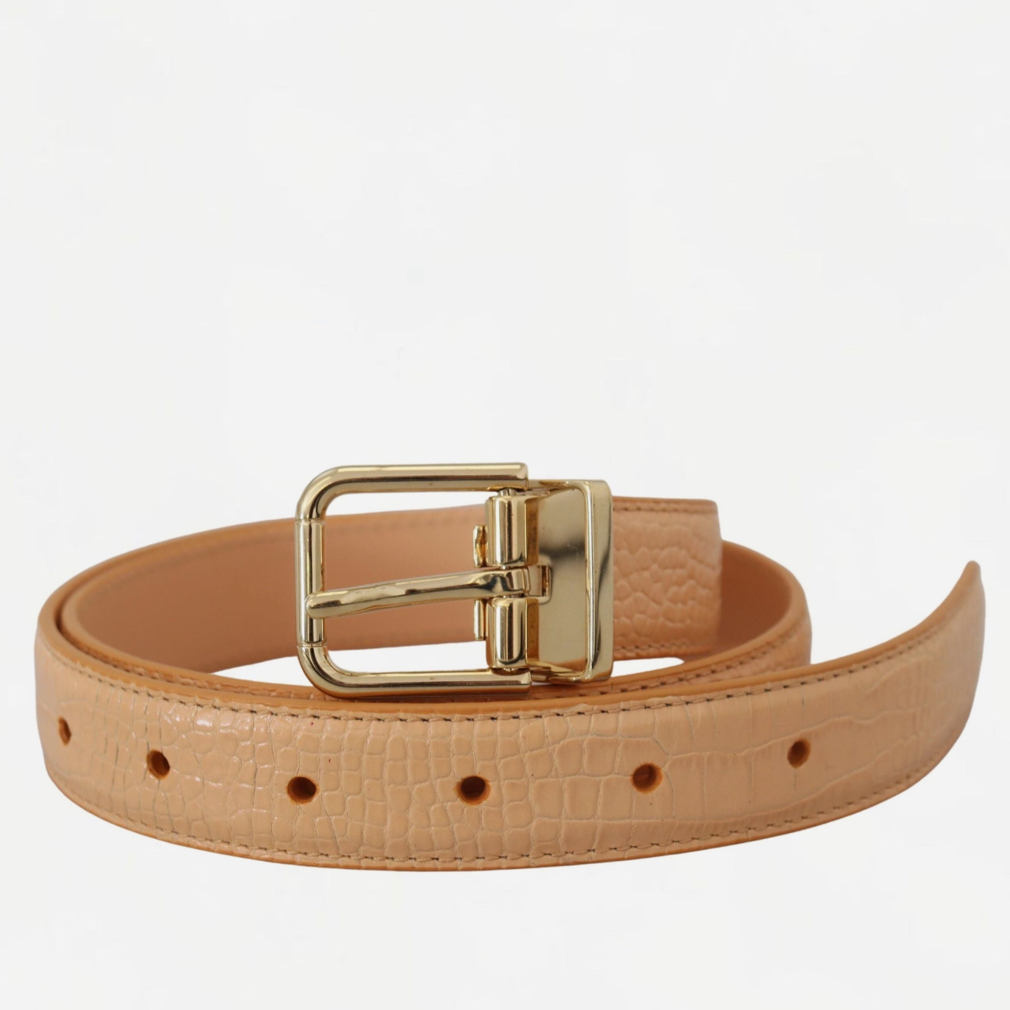 Дамски луксозен колан от естествена екзотична кожа Dolce & Gabbana Beige Exotic Leather Gold Metal Buckle Belt в бежово