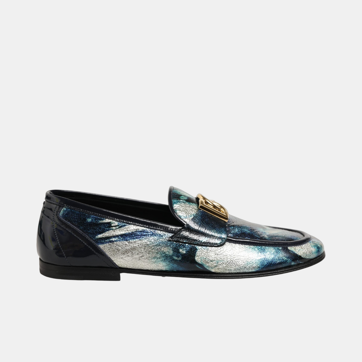 Dolce & Gabbana Metallic Blue Silver Leather DG Loafers Lateral View
