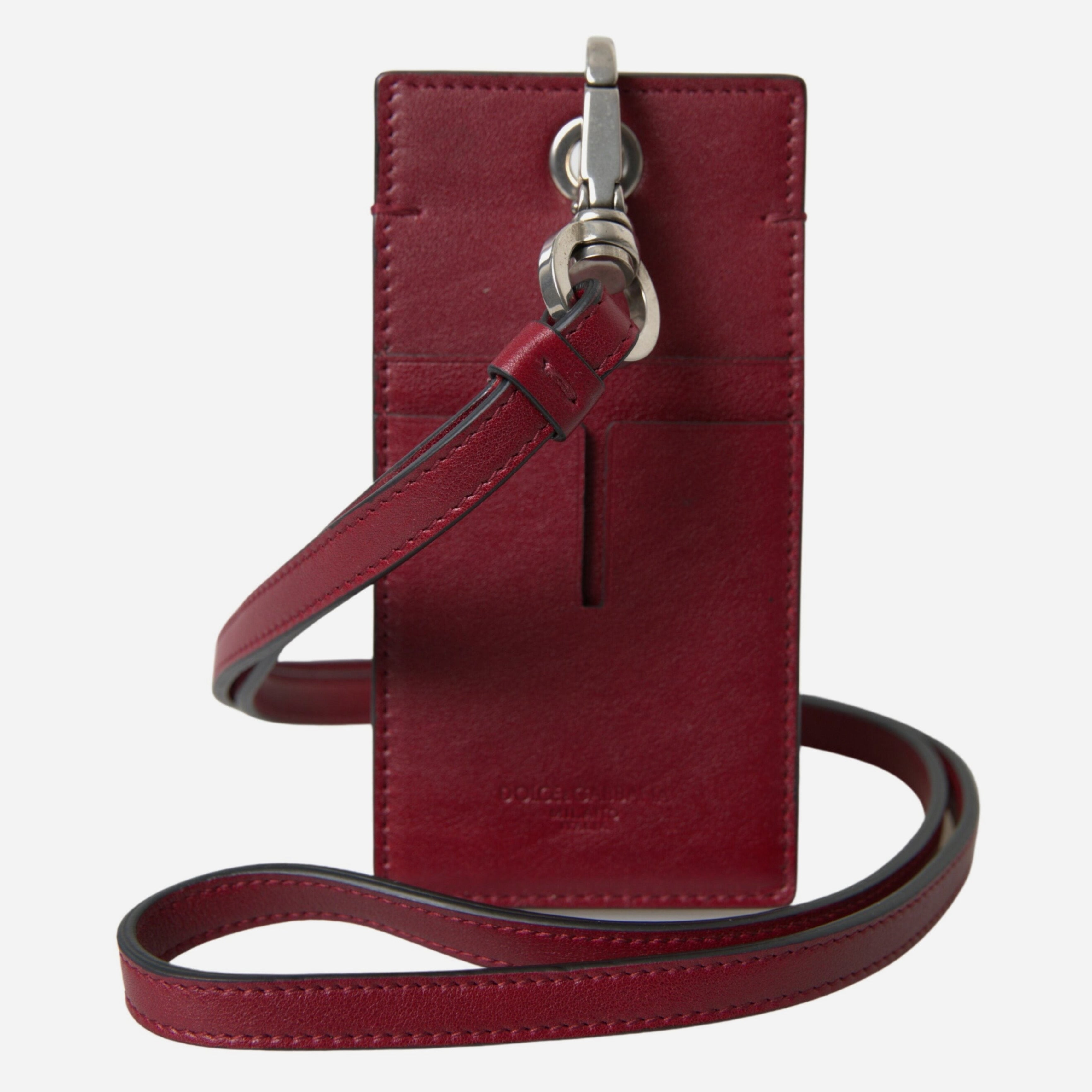 Унисекс картхолдър от естествена кожа с каишка за врата Dolce & Gabbana Unisex Elegant (Red) Burgundy Leather Cardholder with Strap