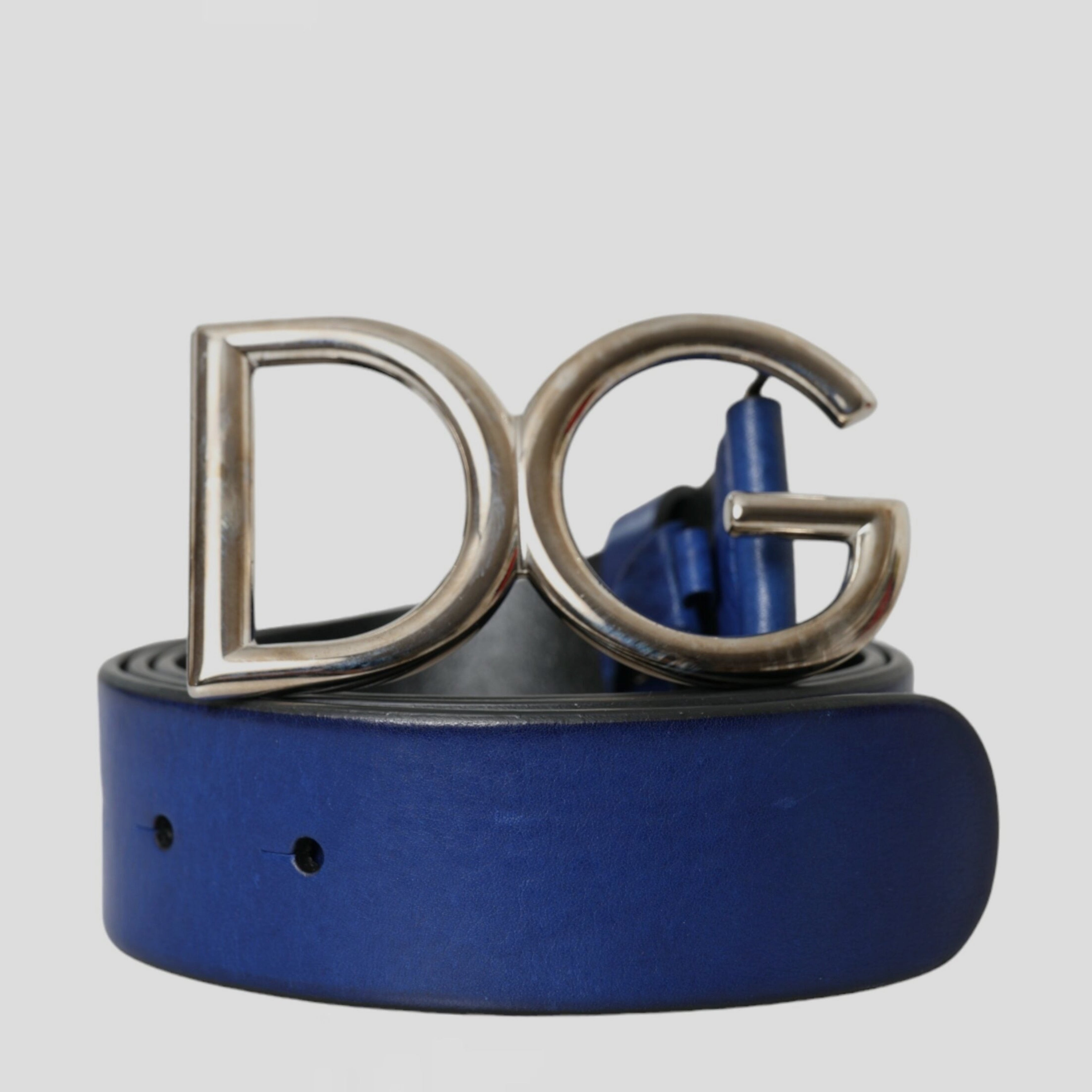 Мъжки луксозен колан от естествена кожа в синьо Dolce & Gabbana Men’s Blue Leather Silver Metal Logo Buckle Belt