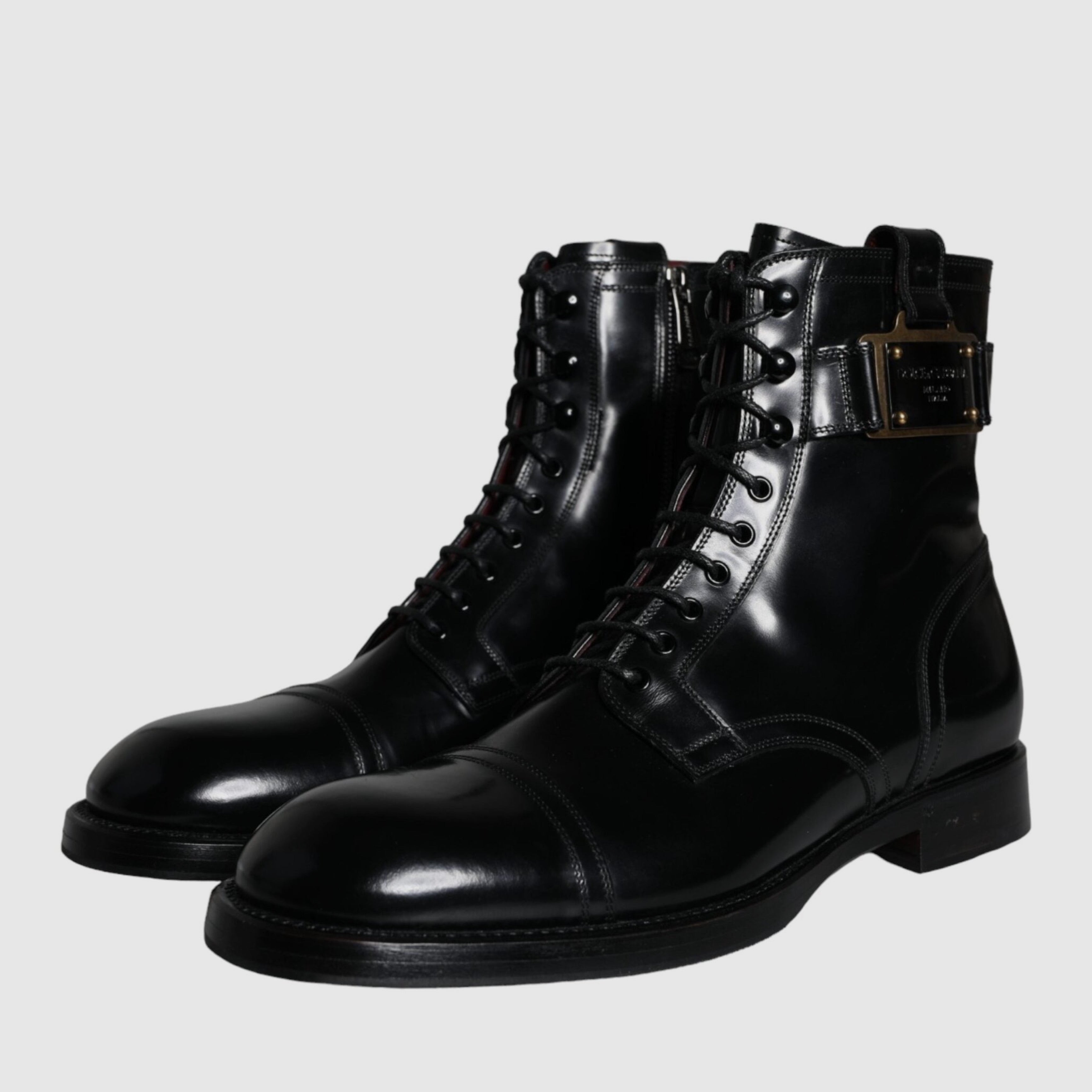 Мъжки луксозни боти кубинки от естествена кожа Dolce & Gabbana Men’s Black Logo Lace Up Mid Calf Boots