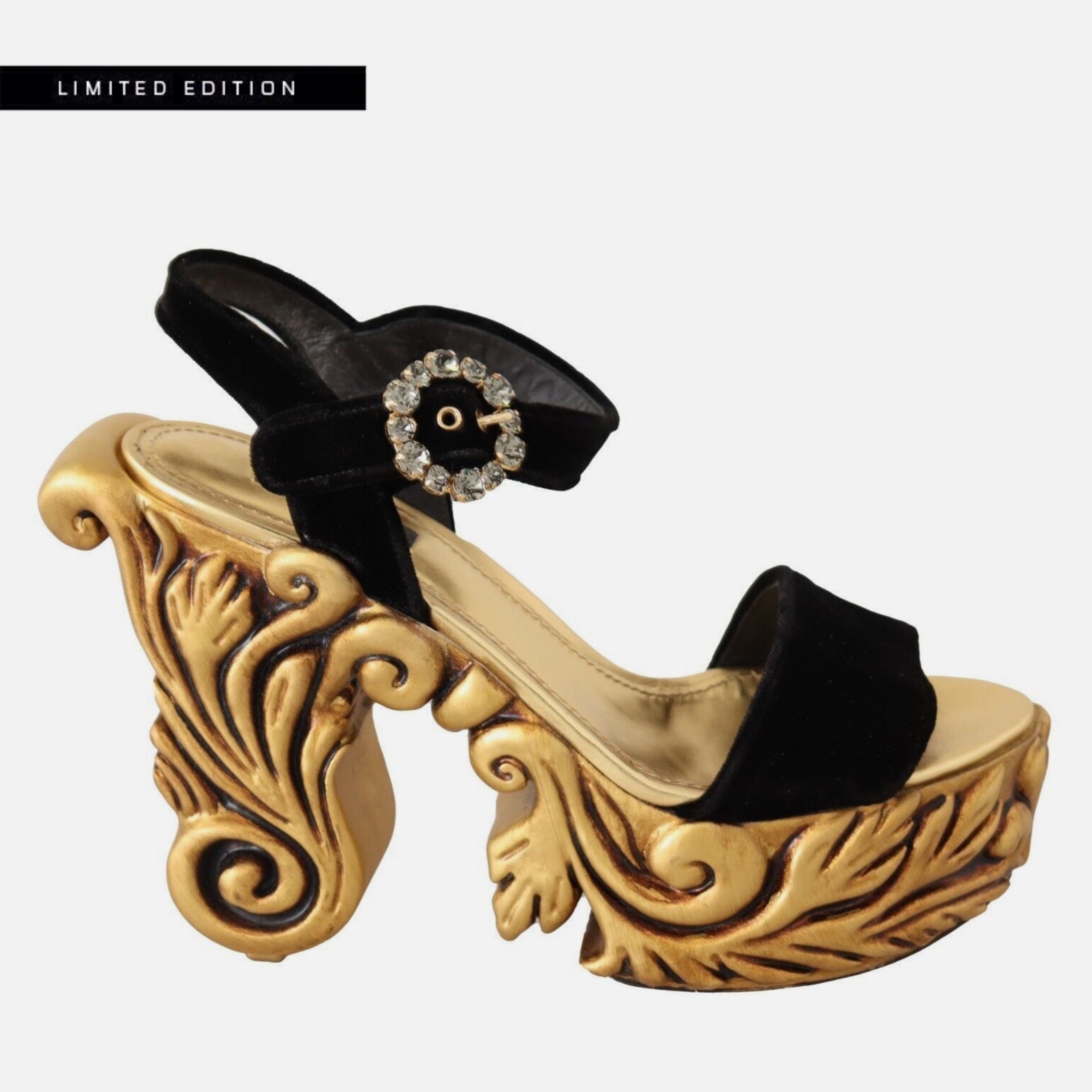 Луксозни дамски сандали на висока платформа с ток в стил барок Dolce & Gabbana Baroque Velvet Heels in Black and Gold лимитирана серия