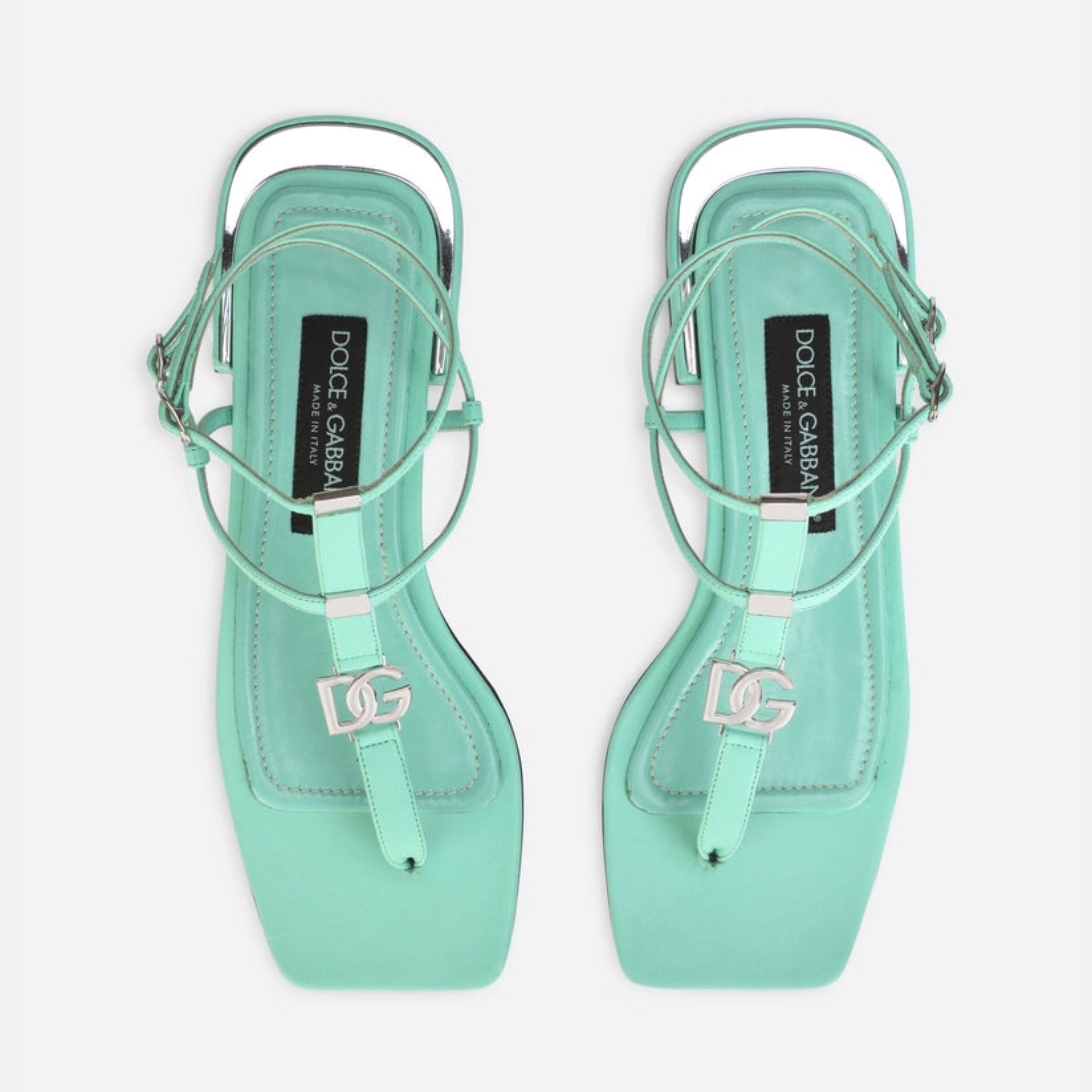 Дамски луксозни сандали в аква зелено Dolce & Gabbana Women’s Aqua Green Leather Ankle Strap Flat Sandals