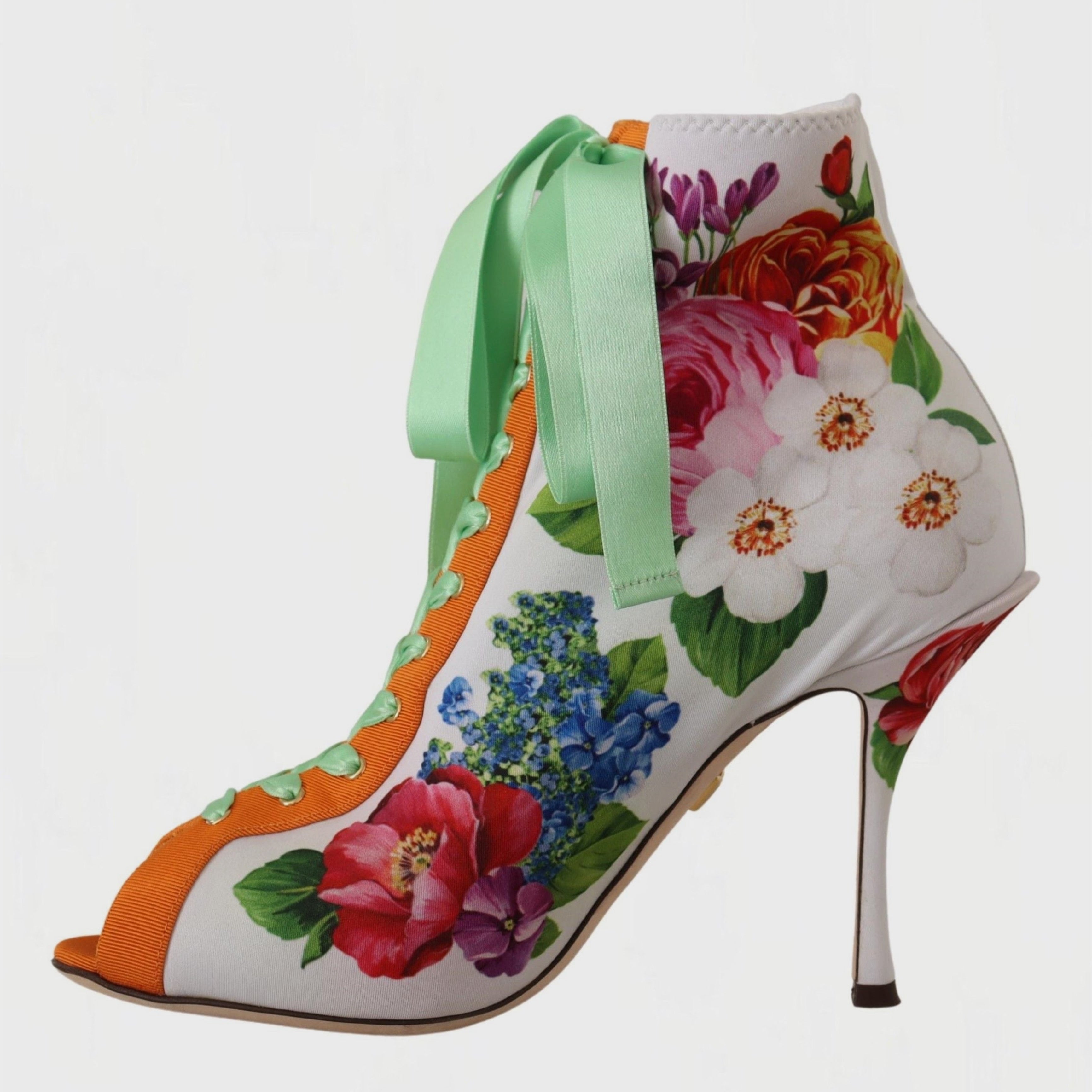 Дамски луксозни многоцветни обувки на висок ток с цветя DOLCE & GABBANA
Women’s Floral Open Toe Jersey Heels