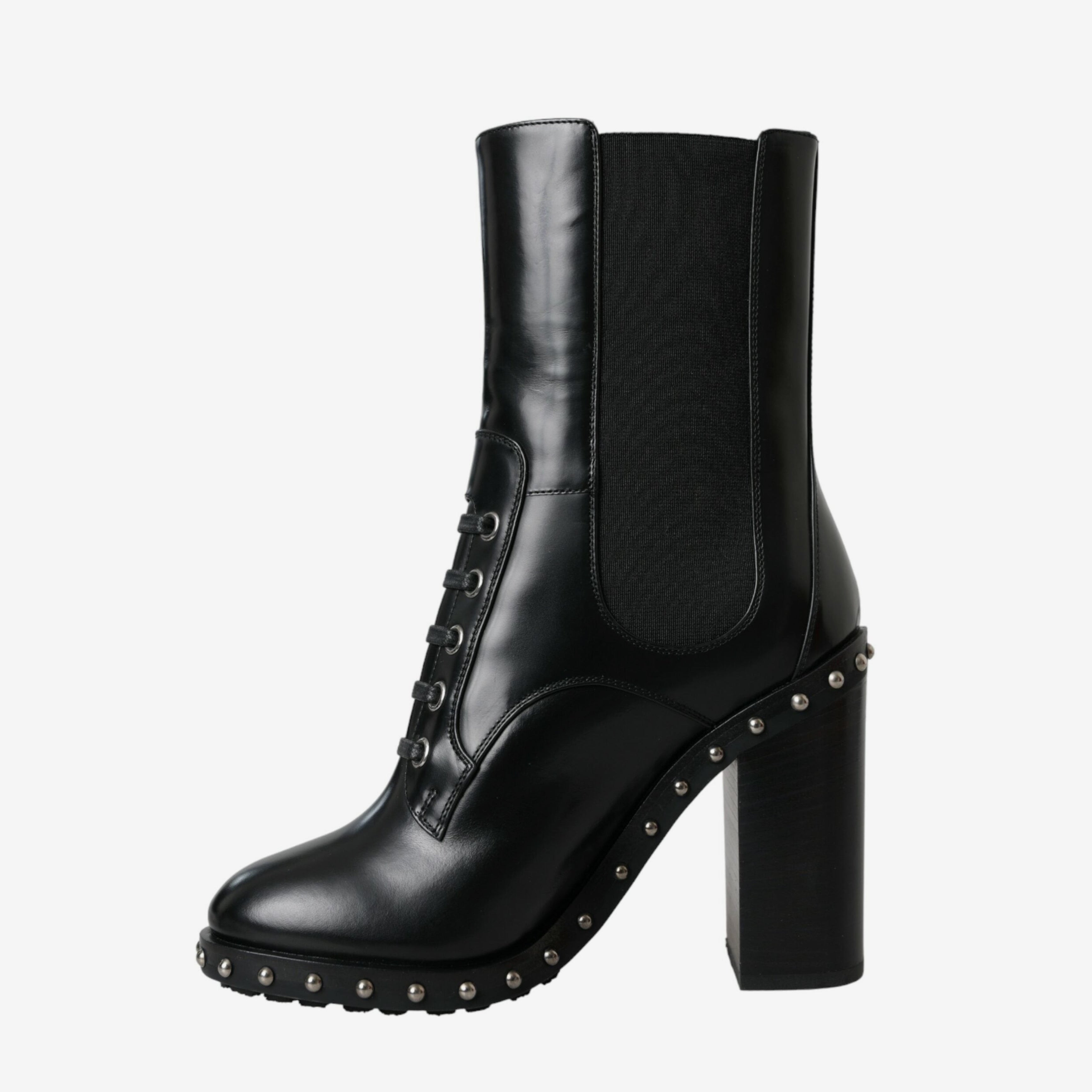 Дамски луксозни ботуши на висок ток от естествена кожа Dolce & Gabbana Women’s Black Leather Studded Lace Up Boots