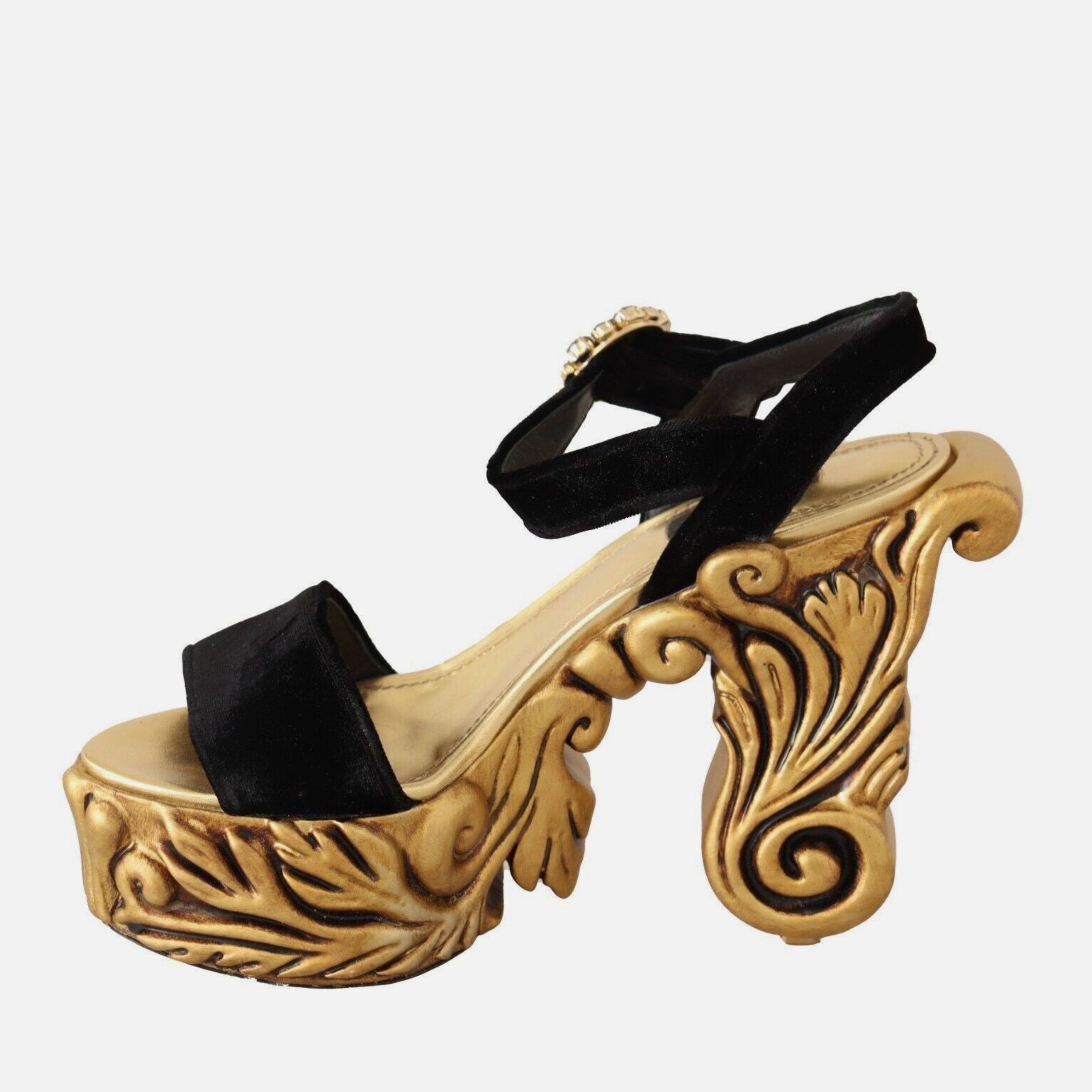 Луксозни дамски сандали на висока платформа с ток в стил барок Dolce & Gabbana Baroque Velvet Heels in Black and Gold лимитирана серия