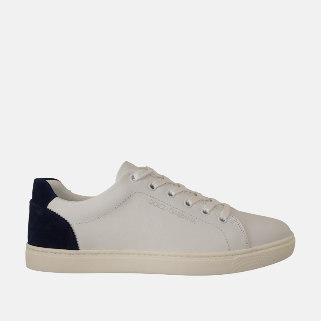 Дамски бели кецове Dolce & Gabbana 
Elegant White and Blue Low-Top Leather Sneakers