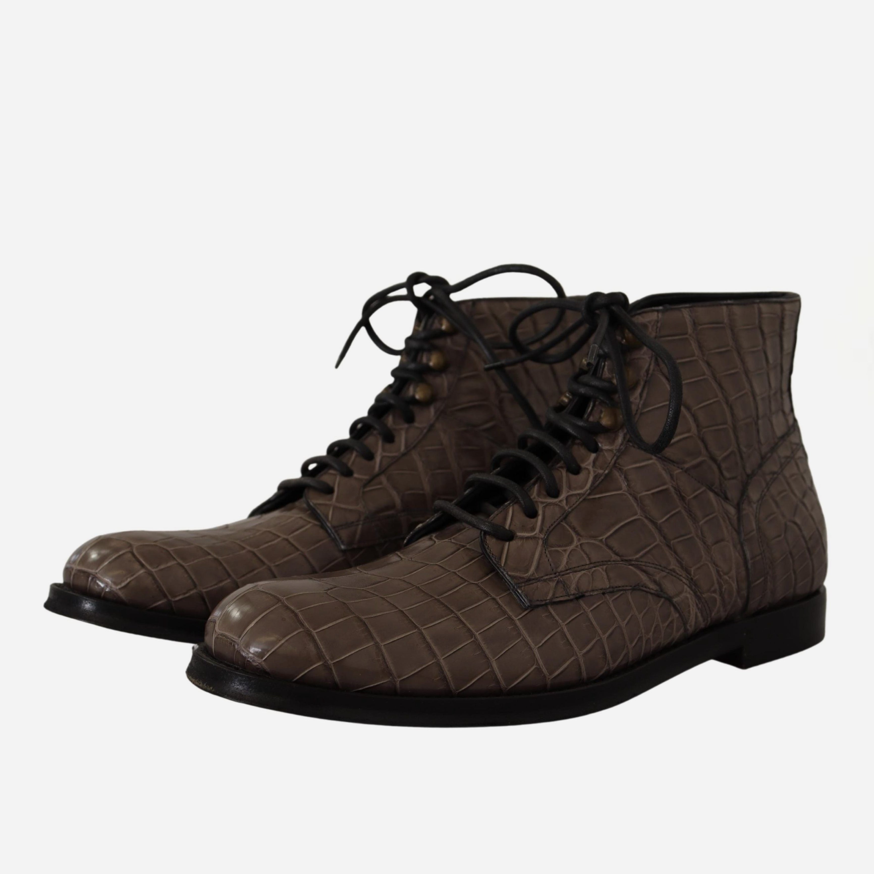 Мъжки луксозни боти от крокодилска кожа в кафяво Dolce & Gabbana Men’s Brown Elegant Crocodile Derby Brogue Ankle Boots