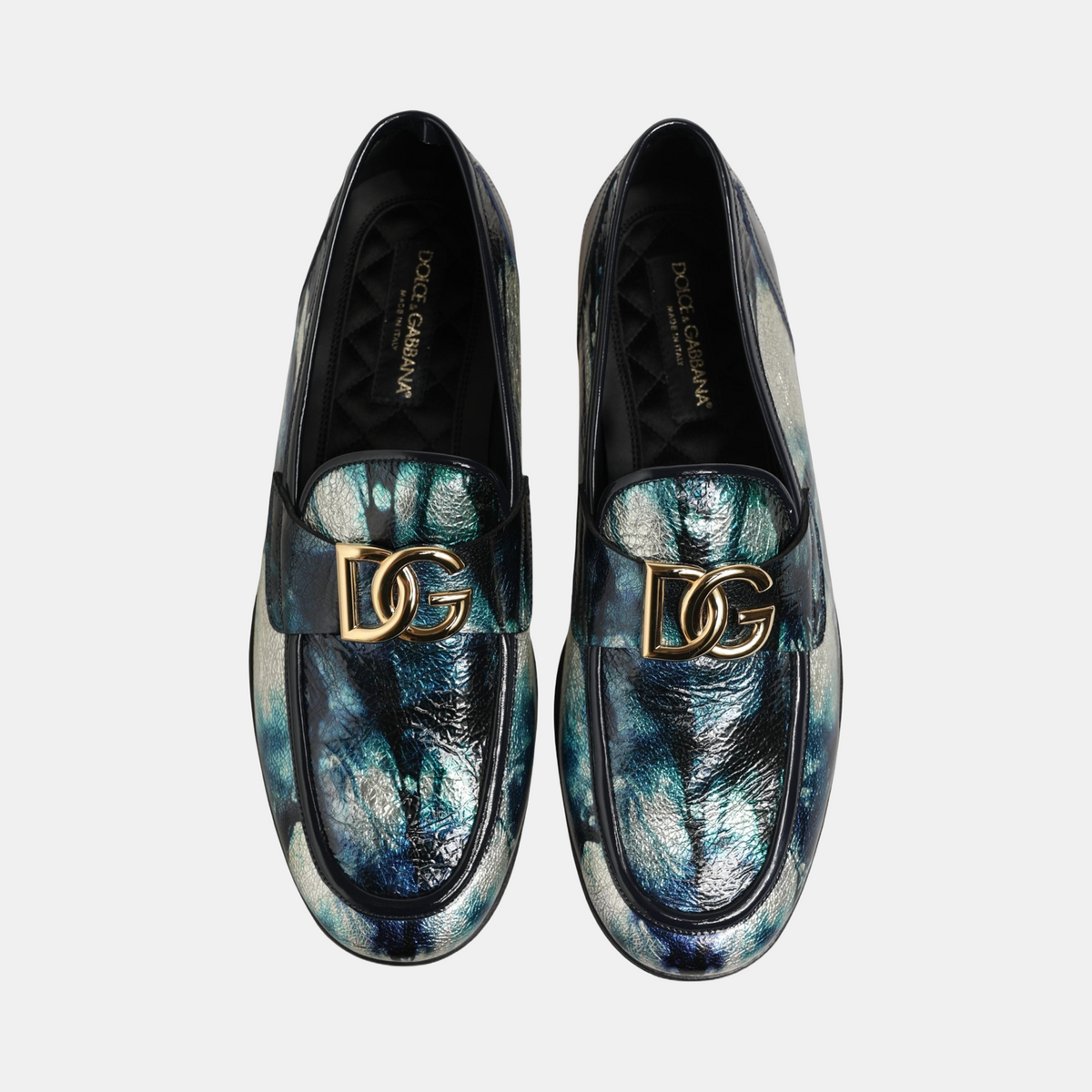 Dolce & Gabbana Metallic Blue Silver Leather DG Loafers Top View