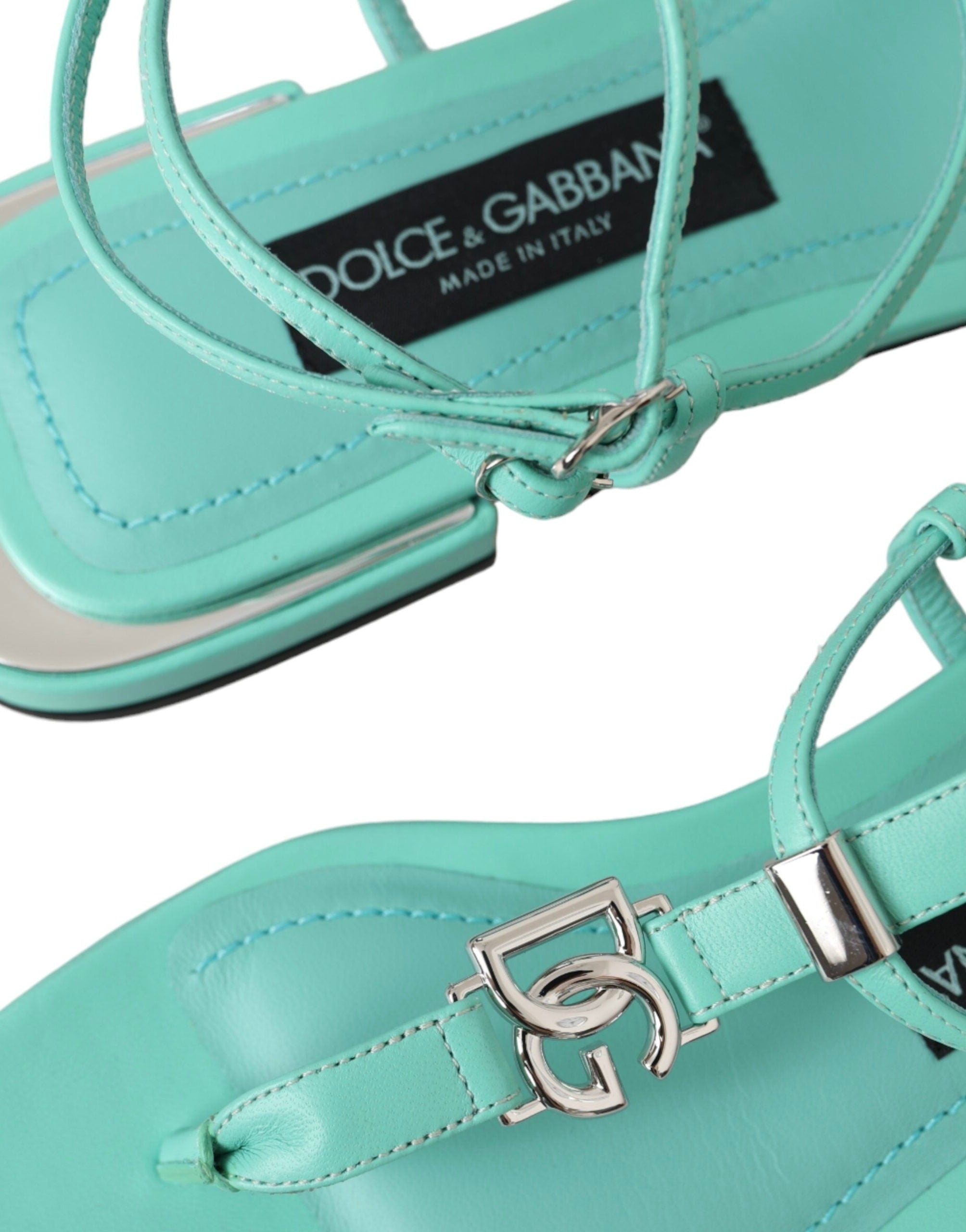 Дамски луксозни сандали в аква зелено Dolce & Gabbana Women’s Aqua Green Leather Ankle Strap Flat Sandals