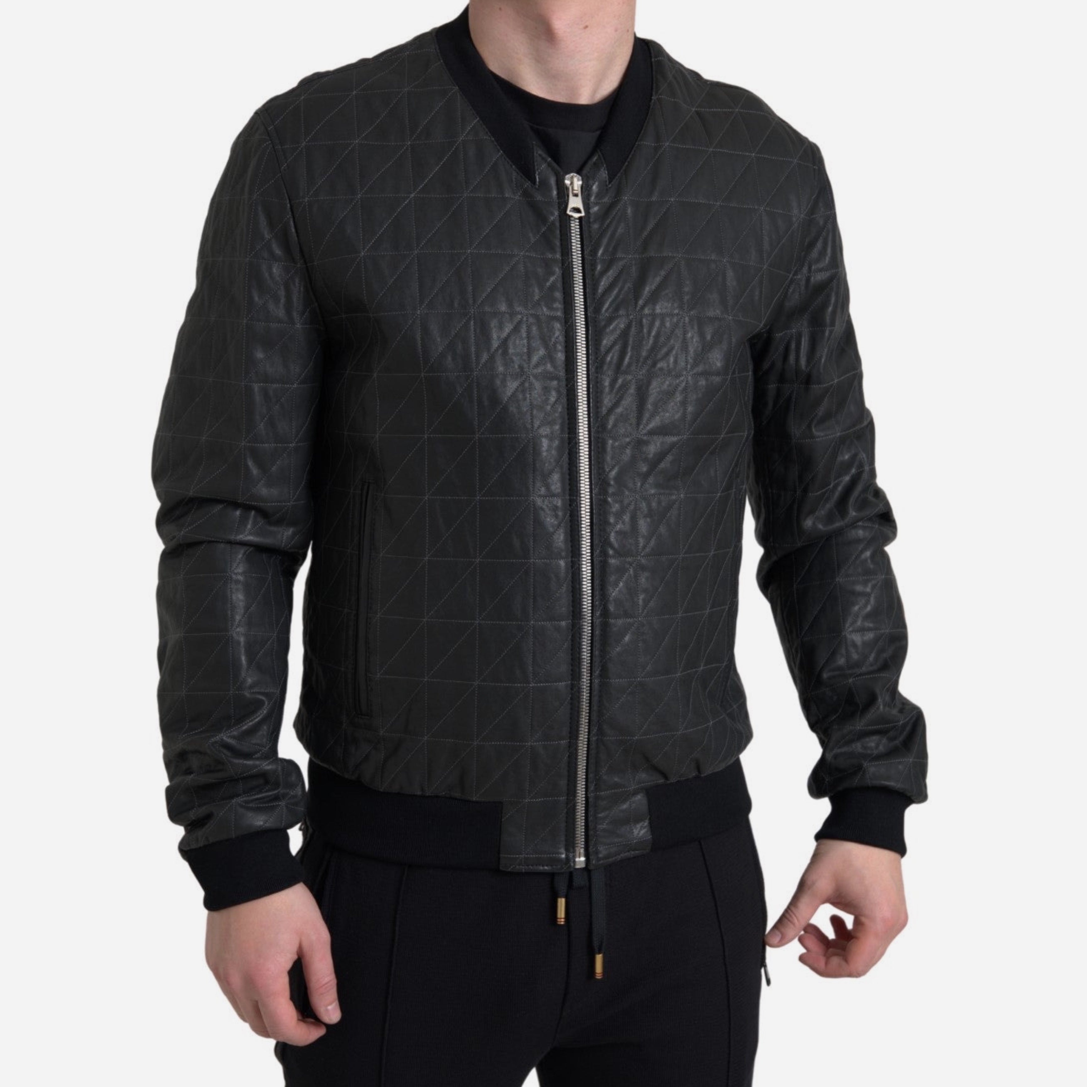 Мъжко черно яке от естествена кожа тип бомбър Dolce & Gabbana Elegant Black Leather Bomber Jacket