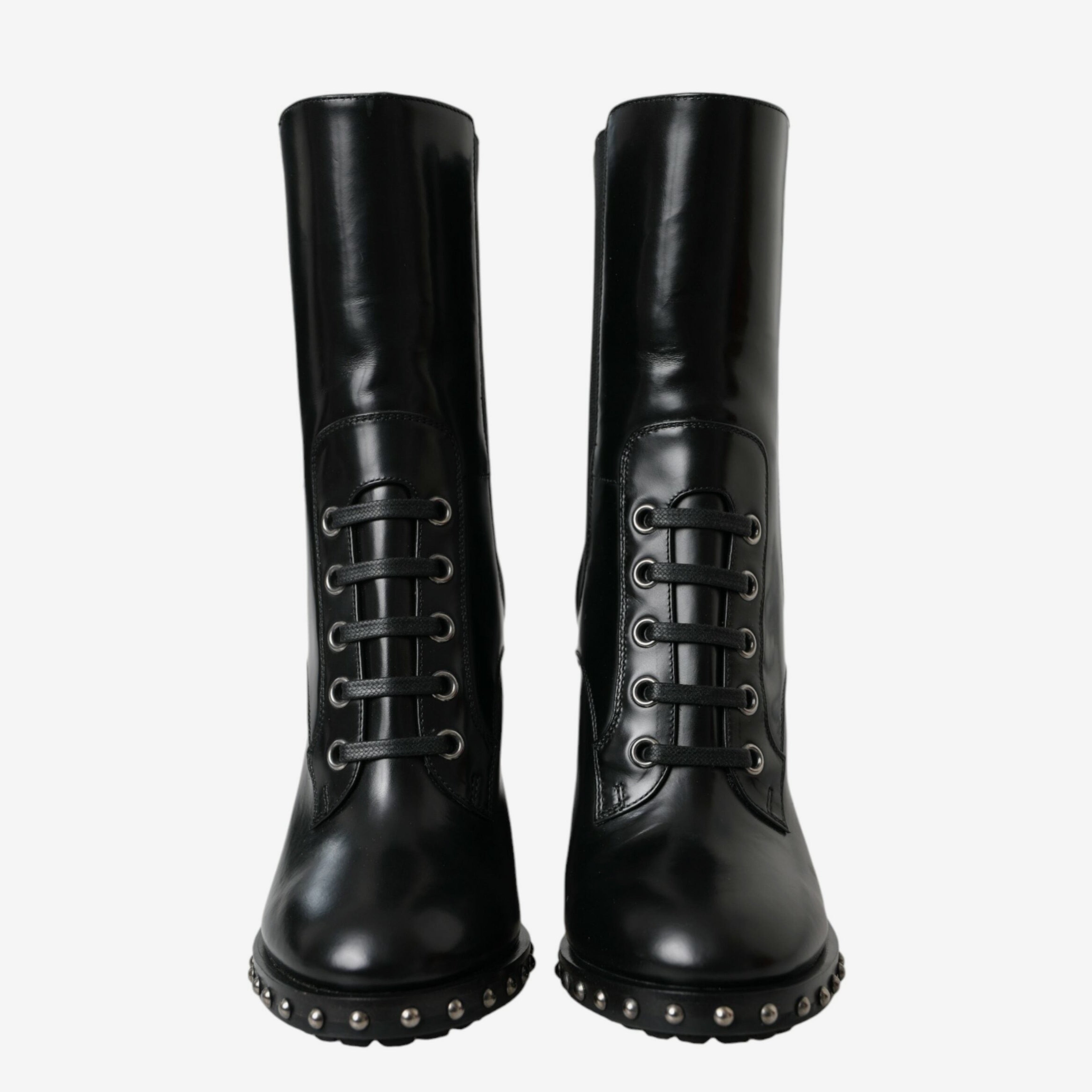 Дамски луксозни ботуши на висок ток от естествена кожа Dolce & Gabbana Women’s Black Leather Studded Lace Up Boots