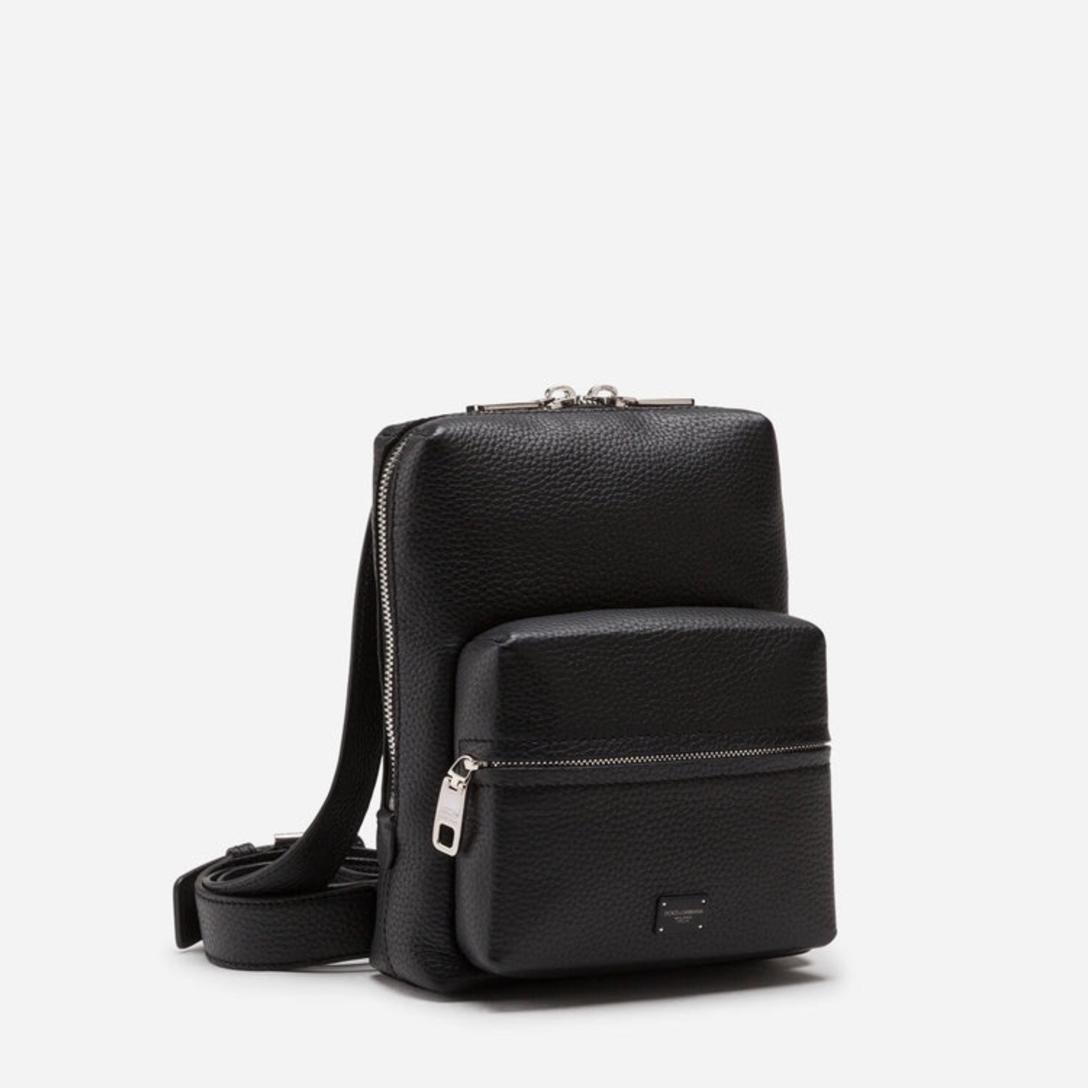 Мъжка малка градска раница Dolce & Gabbana Men Chic Black Calf Leather Small Backpack в черно