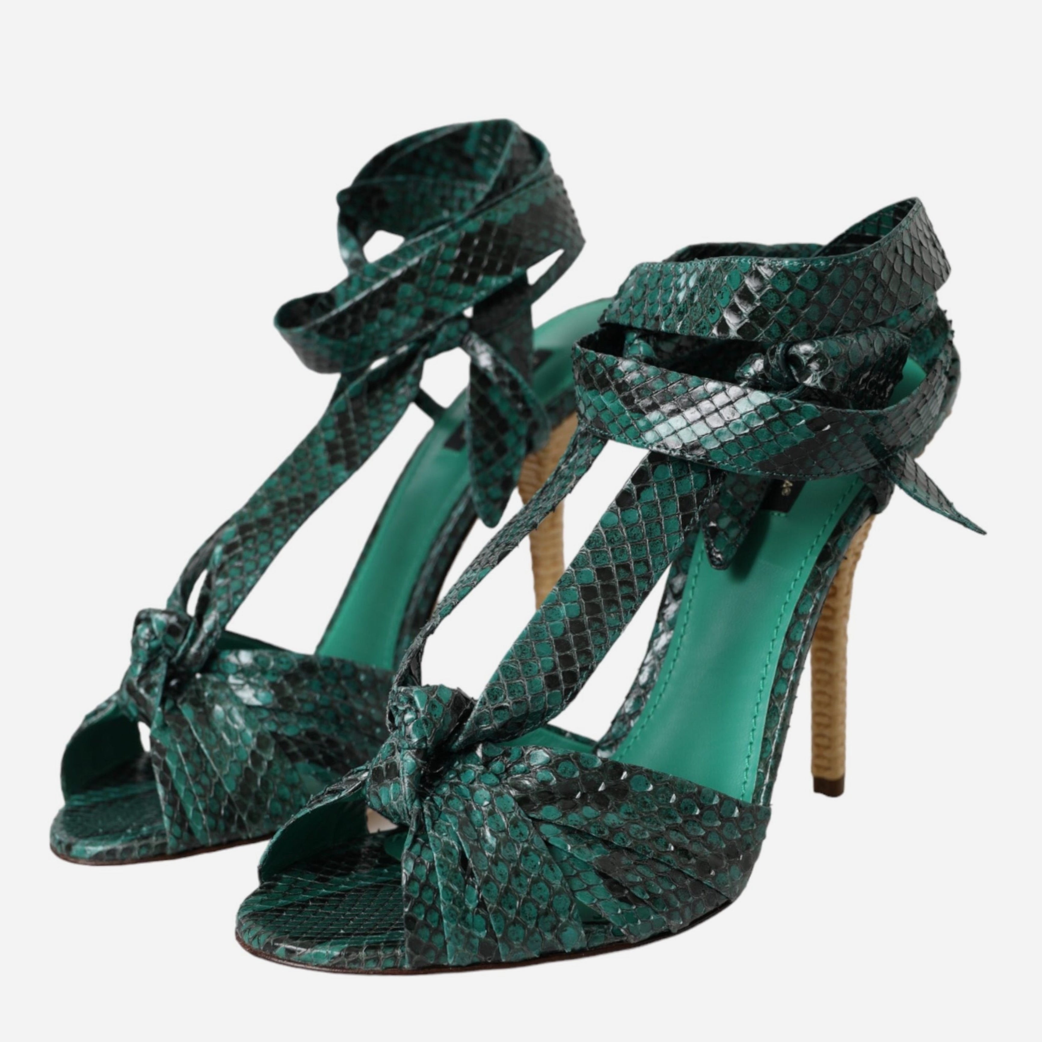 Дамски луксозни сандали на висок ток от кожа от питон в зелено DOLCE & GABBANA Women’s Luxury Green Python Leather Heels Sandals