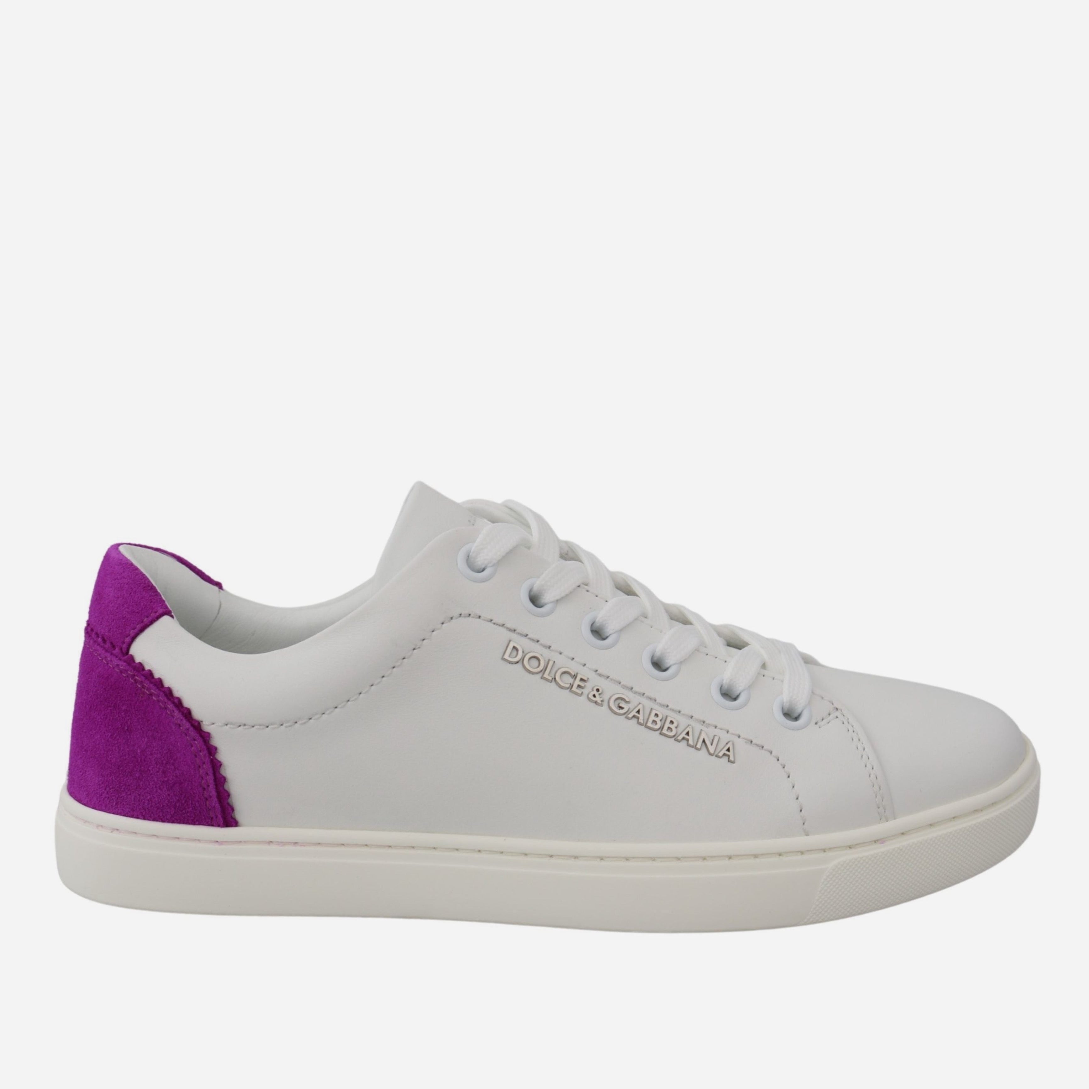 Дамски ежедневни кецове от естествена кожа в бяло Dolce & Gabbana Women’s Chic White Leather Sneakers with Purple Accents