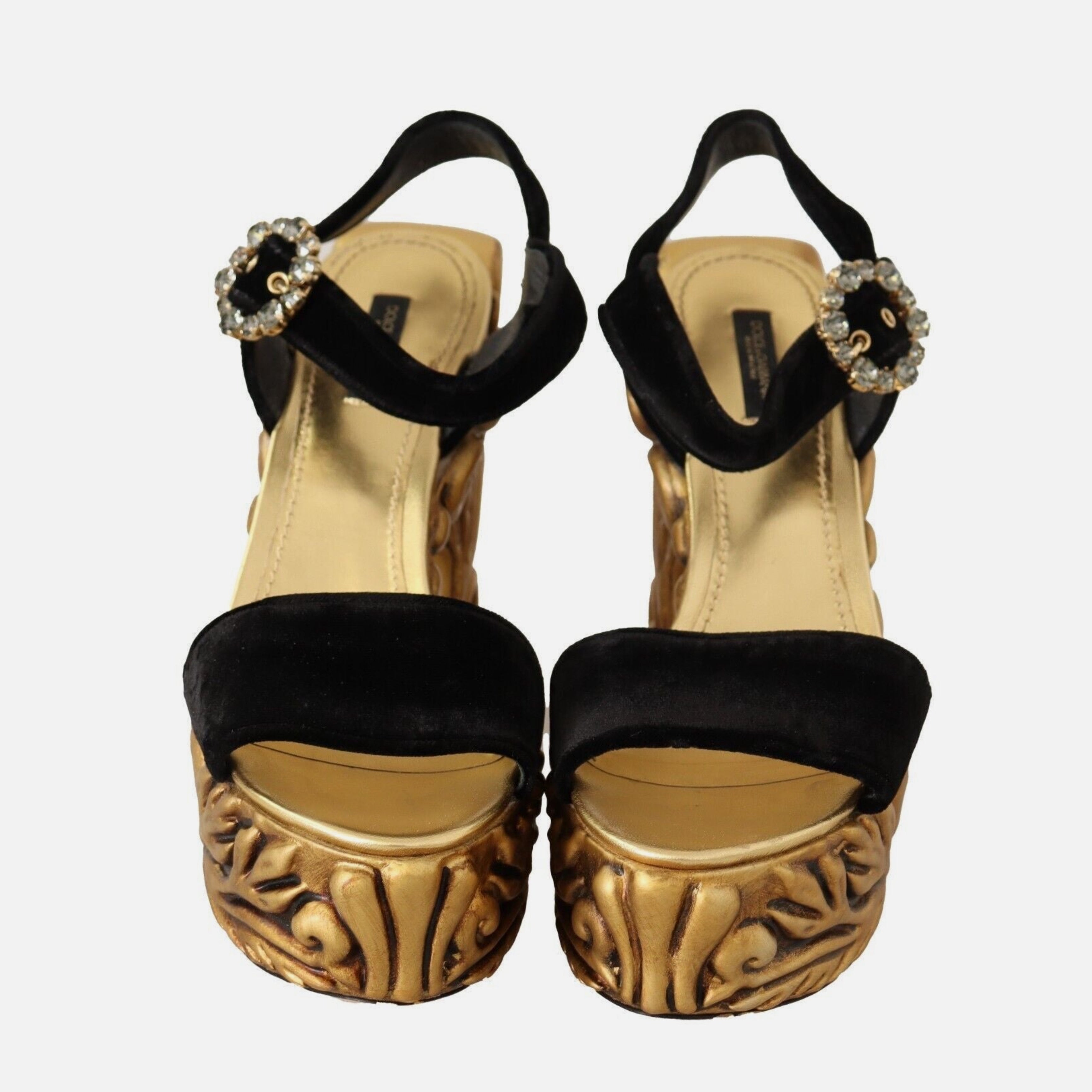 Луксозни дамски сандали на висока платформа с ток в стил барок Dolce & Gabbana Baroque Velvet Heels in Black and Gold лимитирана серия