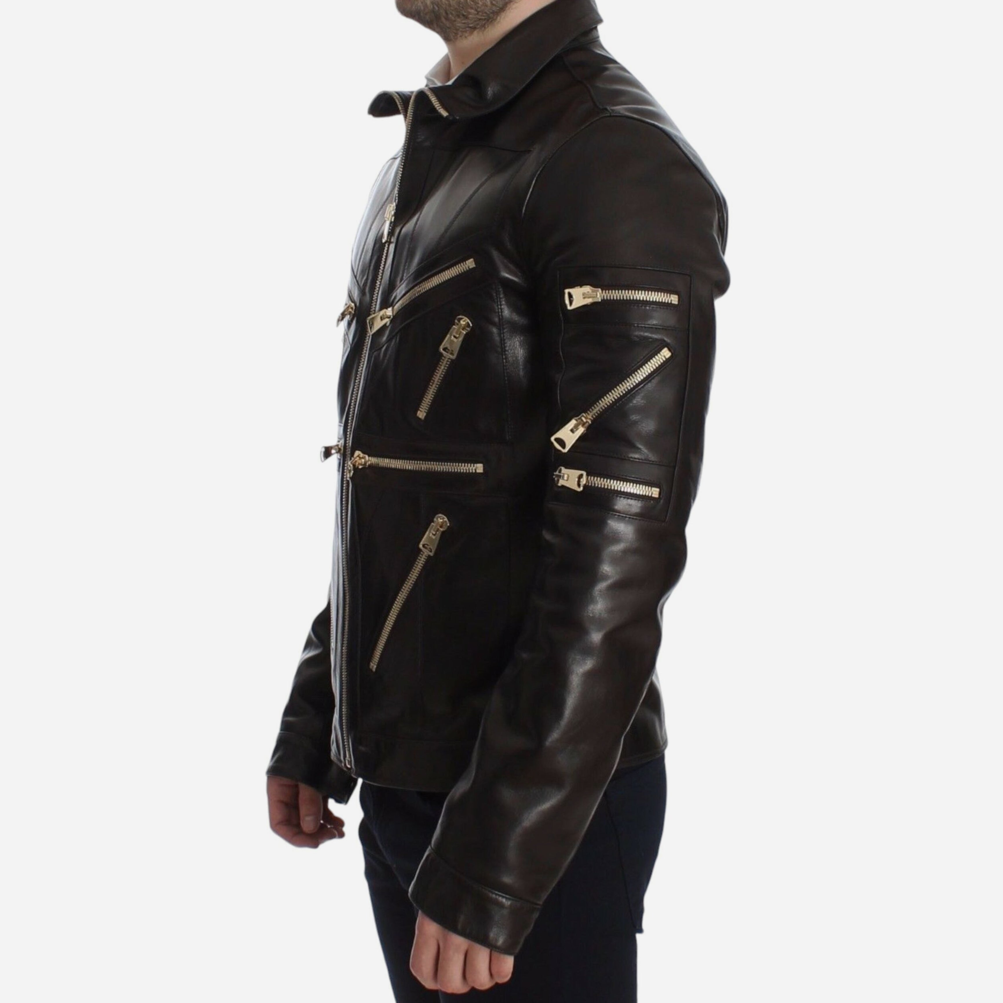 Мъжко кожено яке от естествена кожа с ципове Dolce & Gabbana Men Elegant Brown Gold-Detailed Leather Jacket