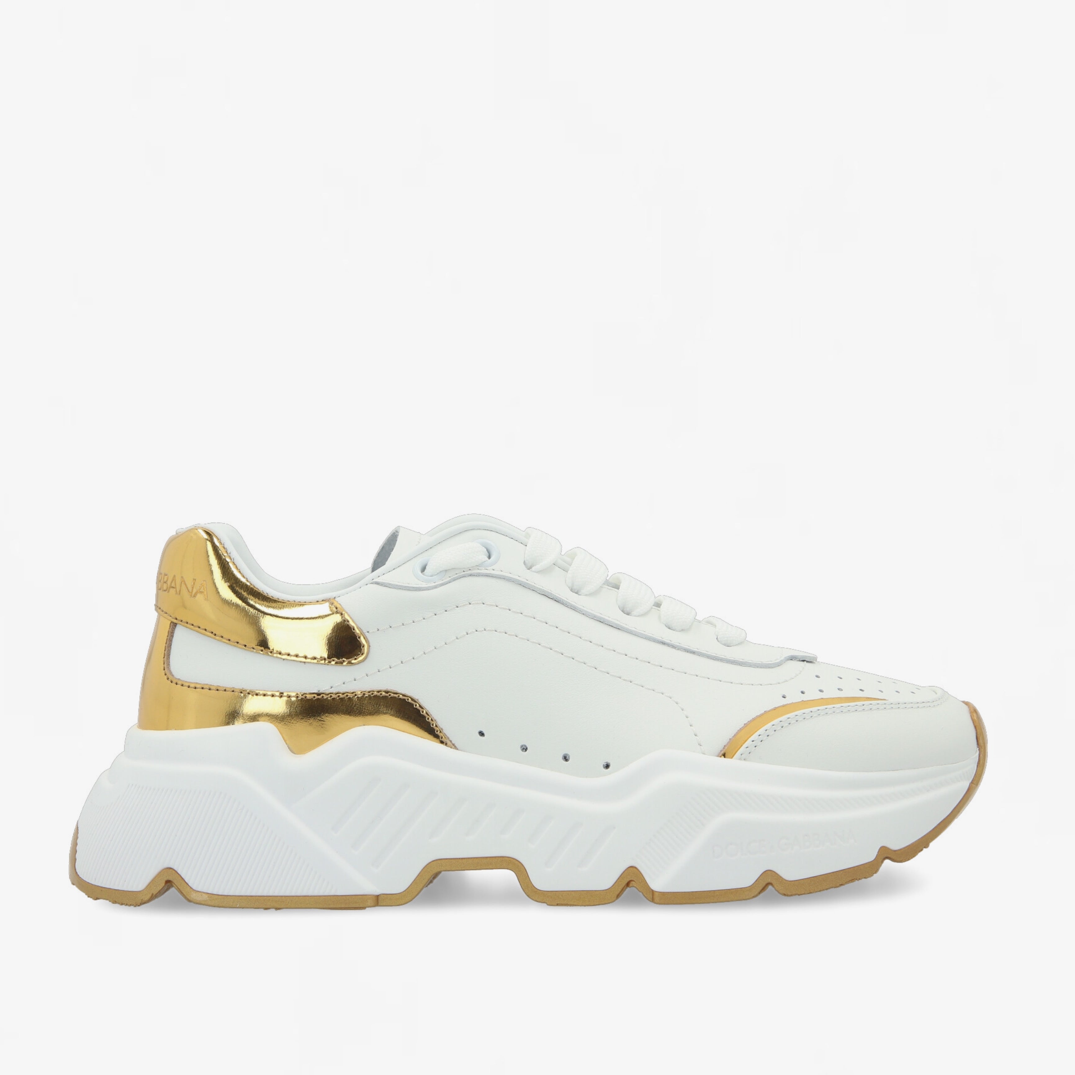 Унисекс луксозни кожени кецове в бяло и златисто DOLCE & GABBANA Daymaster White and Gold Luxury Leather Sneakers CK1791 AX588