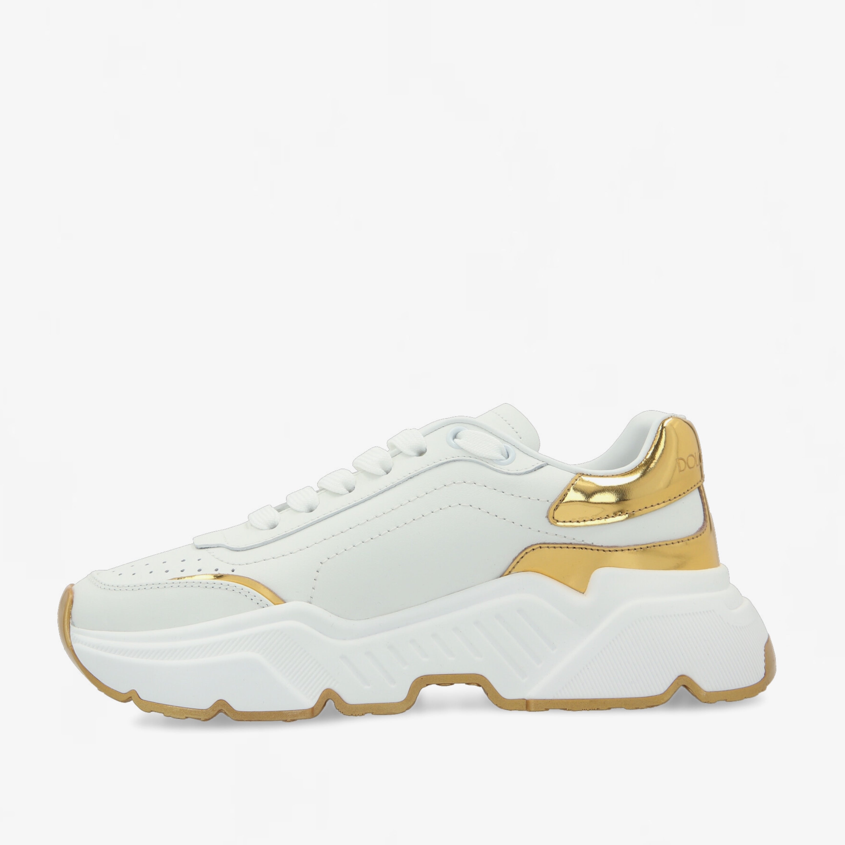 Унисекс луксозни кожени кецове в бяло и златисто DOLCE & GABBANA Daymaster White and Gold Luxury Leather Sneakers CK1791 AX588