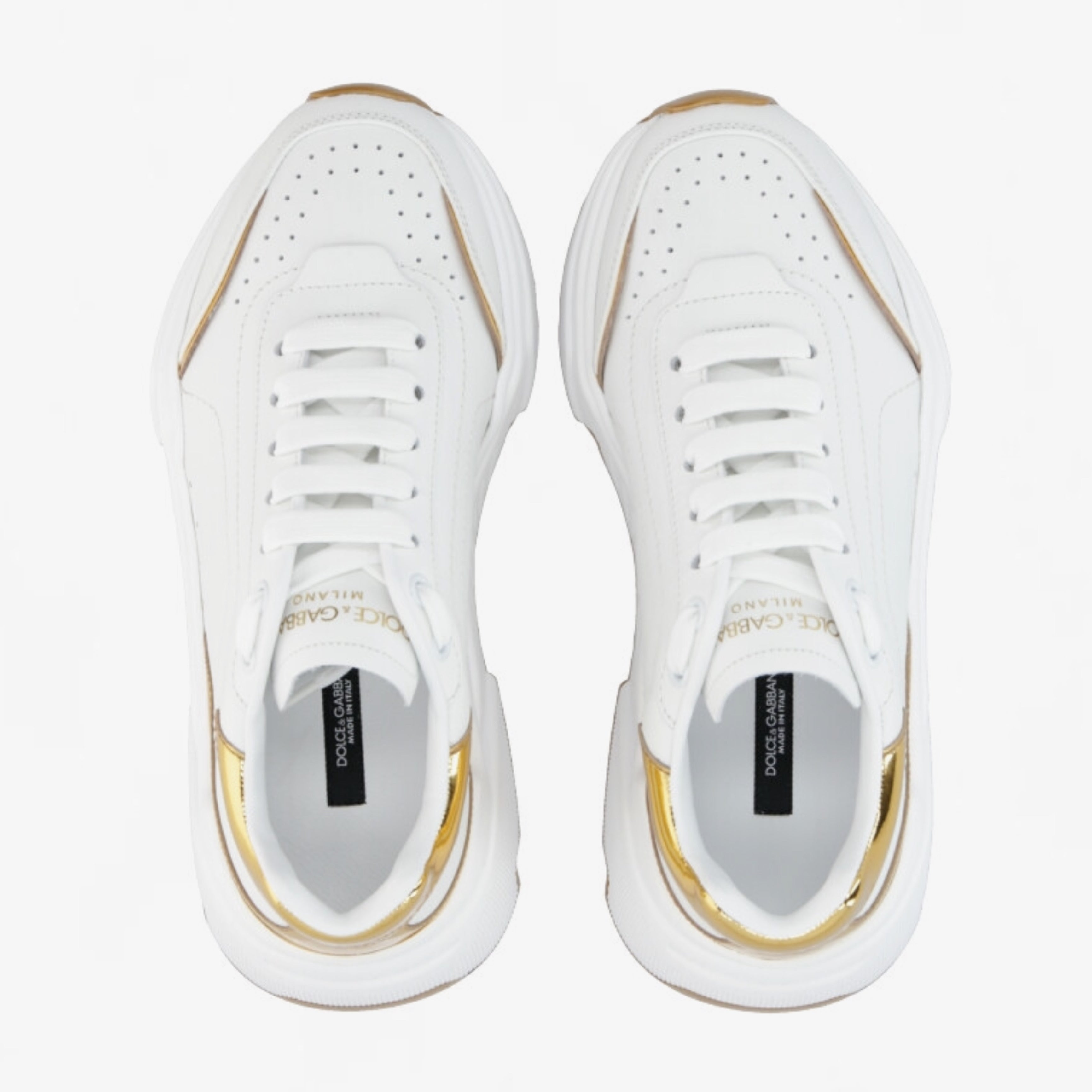 Унисекс луксозни кожени кецове в бяло и златисто DOLCE & GABBANA Daymaster White and Gold Luxury Leather Sneakers CK1791 AX588