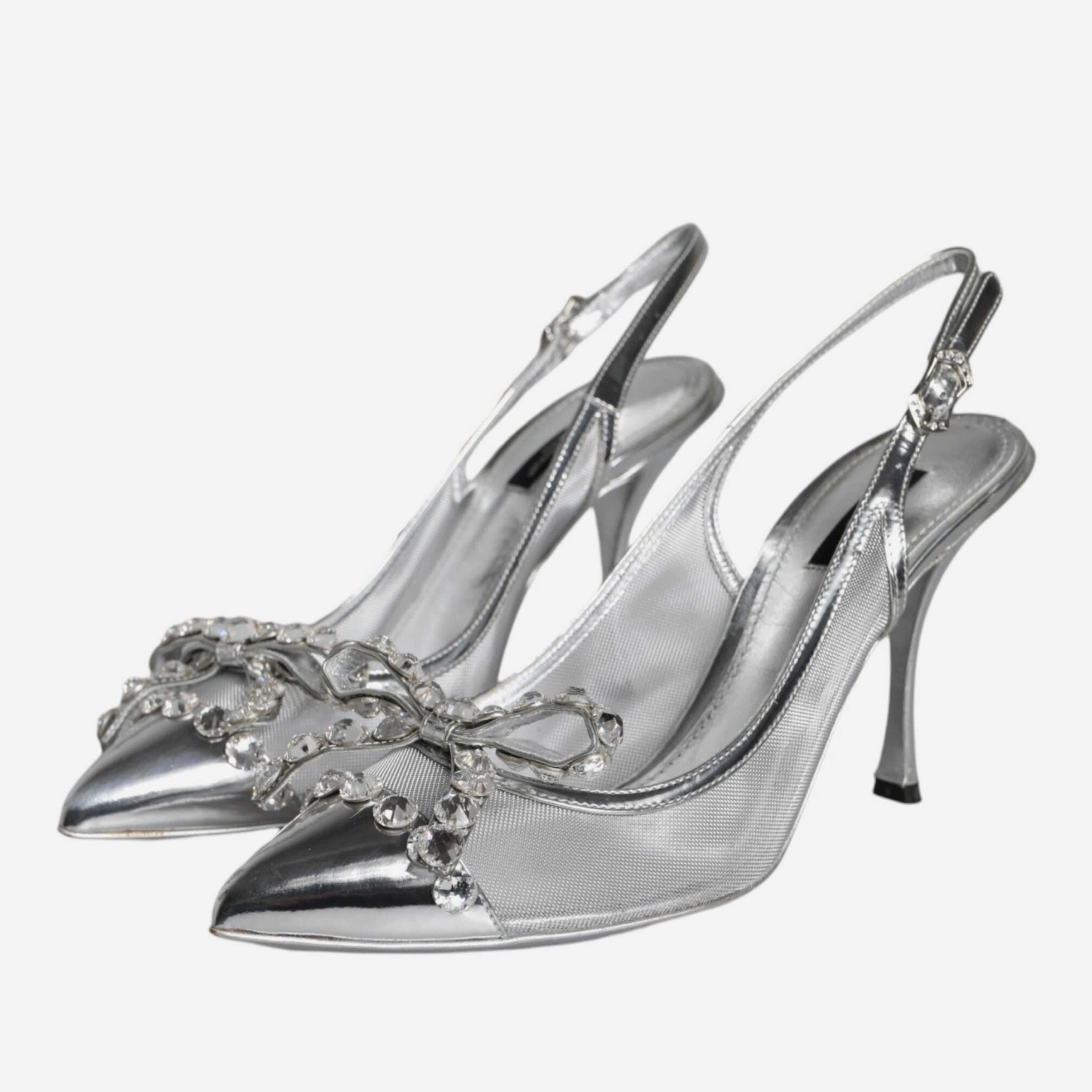 Дамски обувки на висок ток с кристали в сребристо DOLCE & GABBANA Women’s Silver Mesh Crystal Embellished Slingback Heels