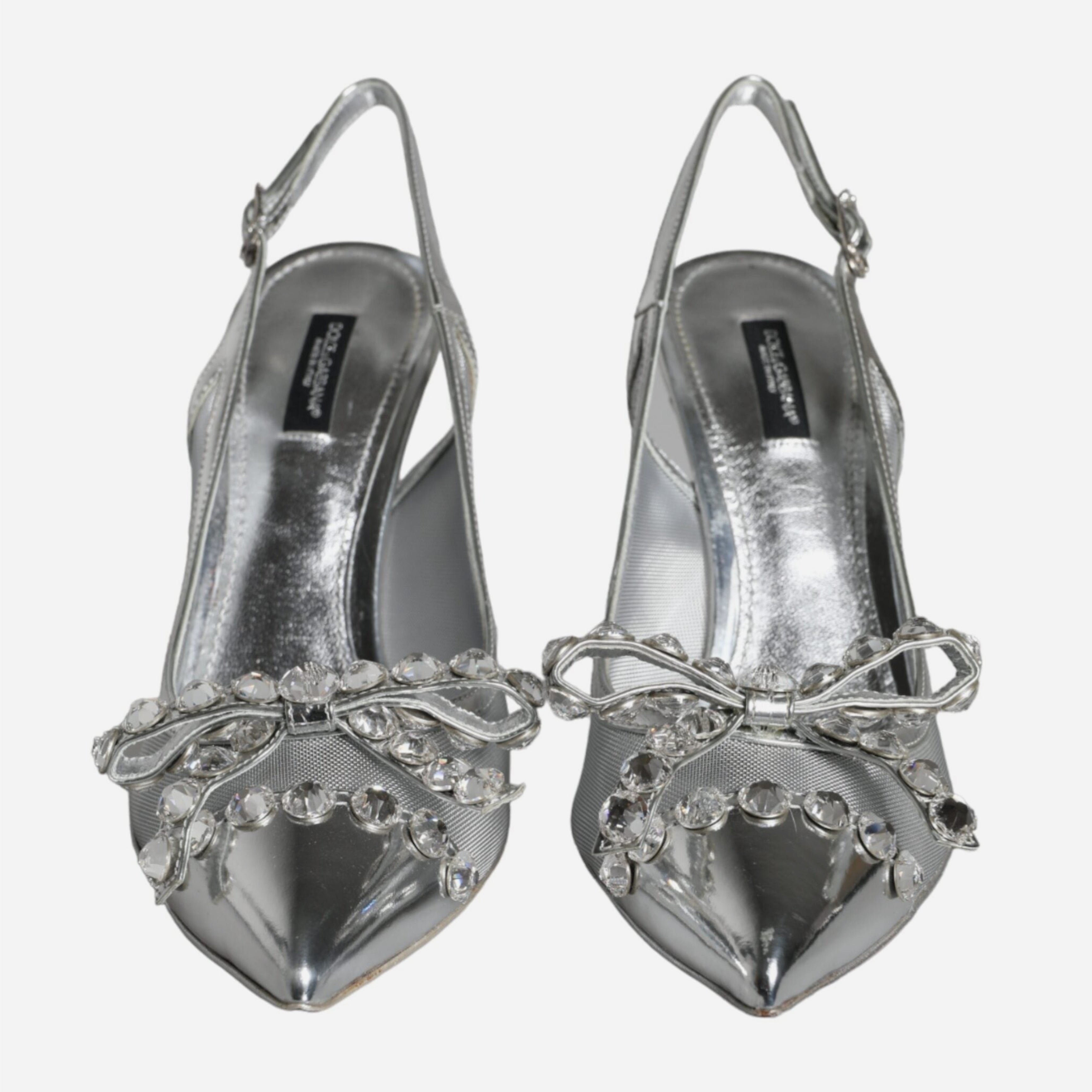 Дамски обувки на висок ток с кристали в сребристо DOLCE & GABBANA Women’s Silver Mesh Crystal Embellished Slingback Heels