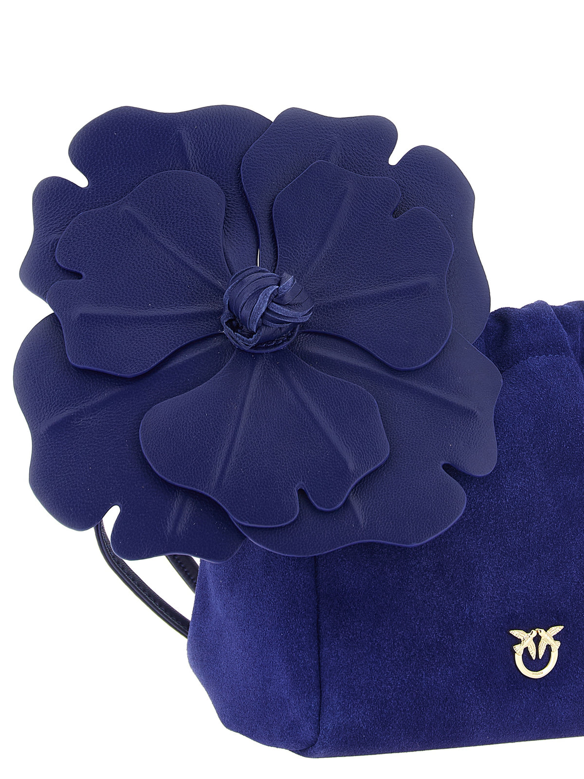 PINKO suede shoulder bucket bag with nappa leather flower 107678A3M6-F04Y Blue close up view