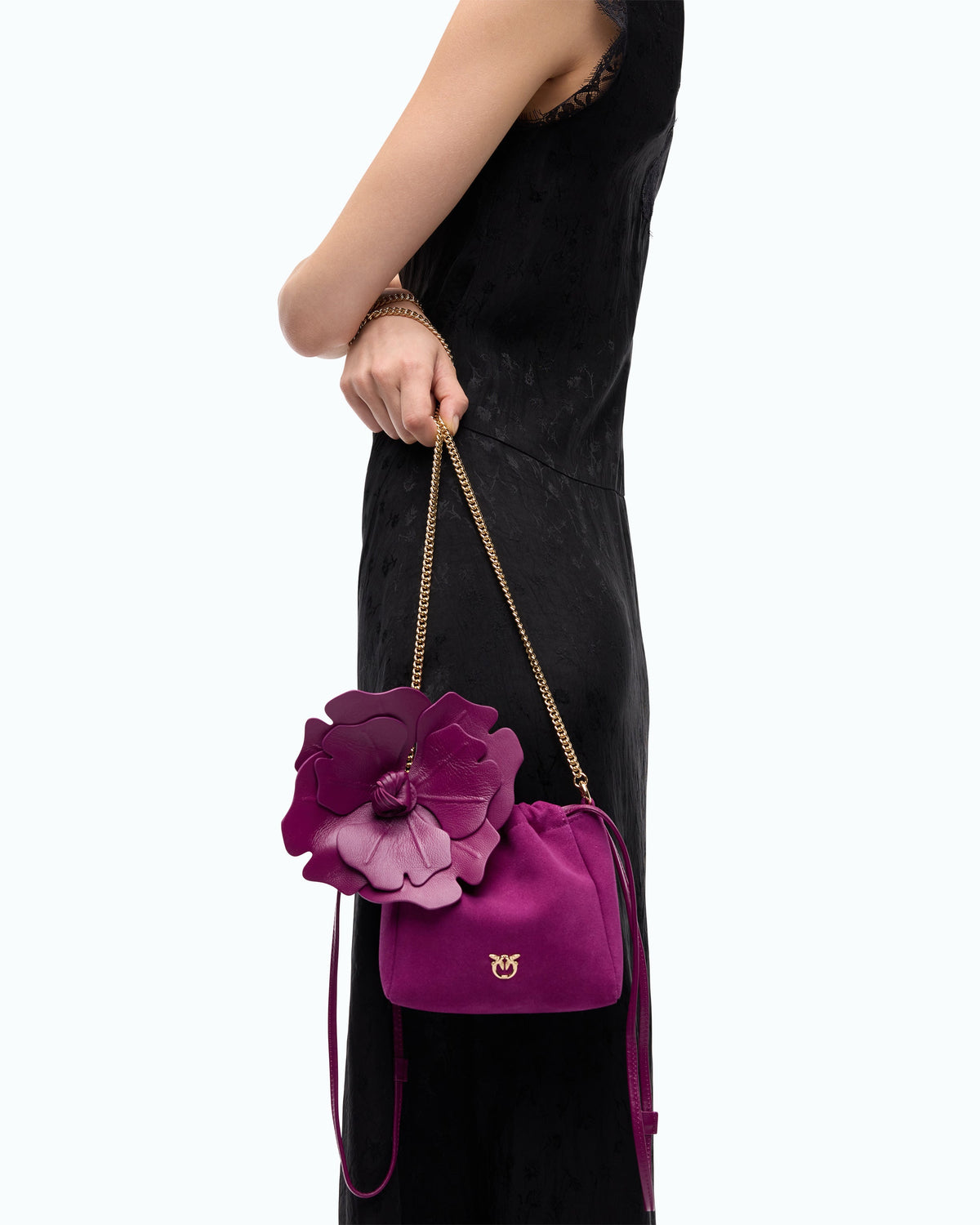 PINKO suede shoulder bucket bag with nappa leather flower 107678A3M6-N45Y purple Lifestyle side view