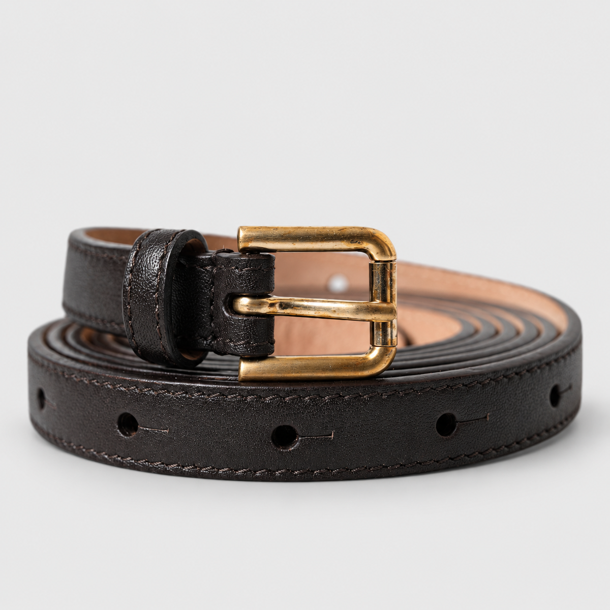 Dolce & Gabbana Black Leather Long Skinny Gold Metal Buckle Belt - studio view 1