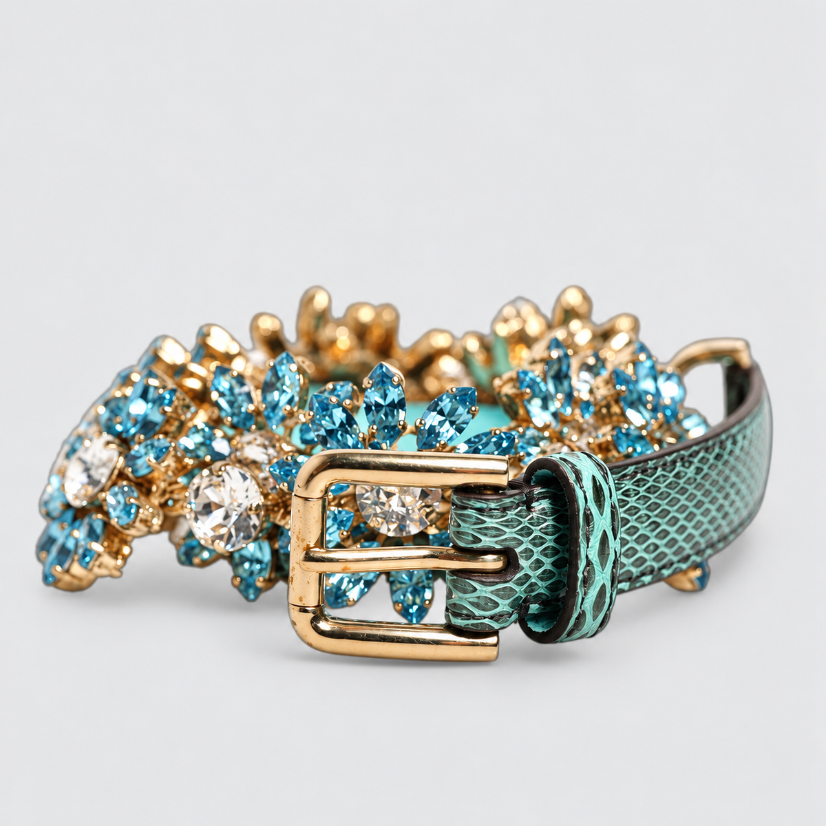 Dolce & Gabbana Green Leather Daisy Crystal Embellished Waist Belt - studio view 1