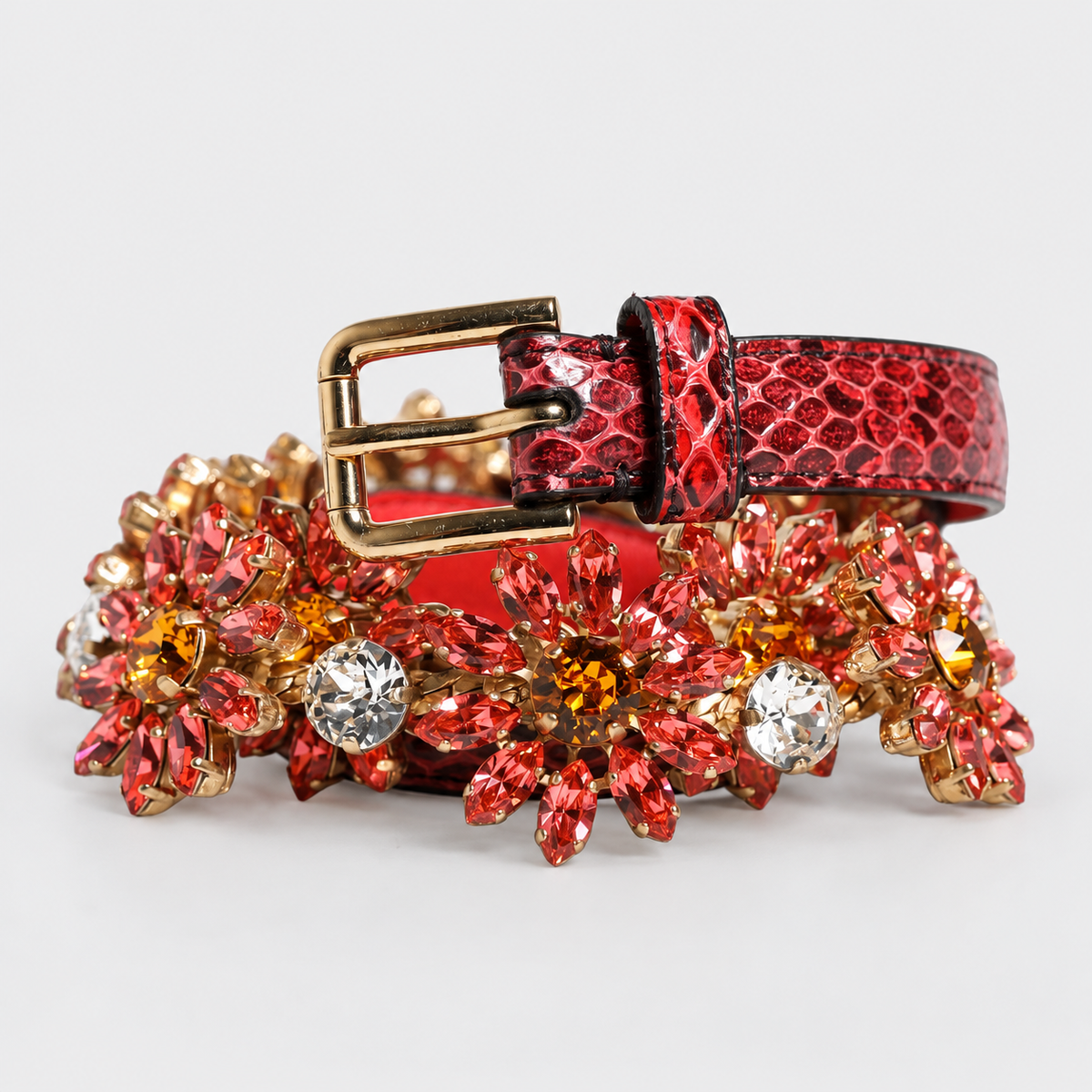 Dolce & Gabbana Red Leather Daisy Crystal Embellished Waist Belt - studio view 1