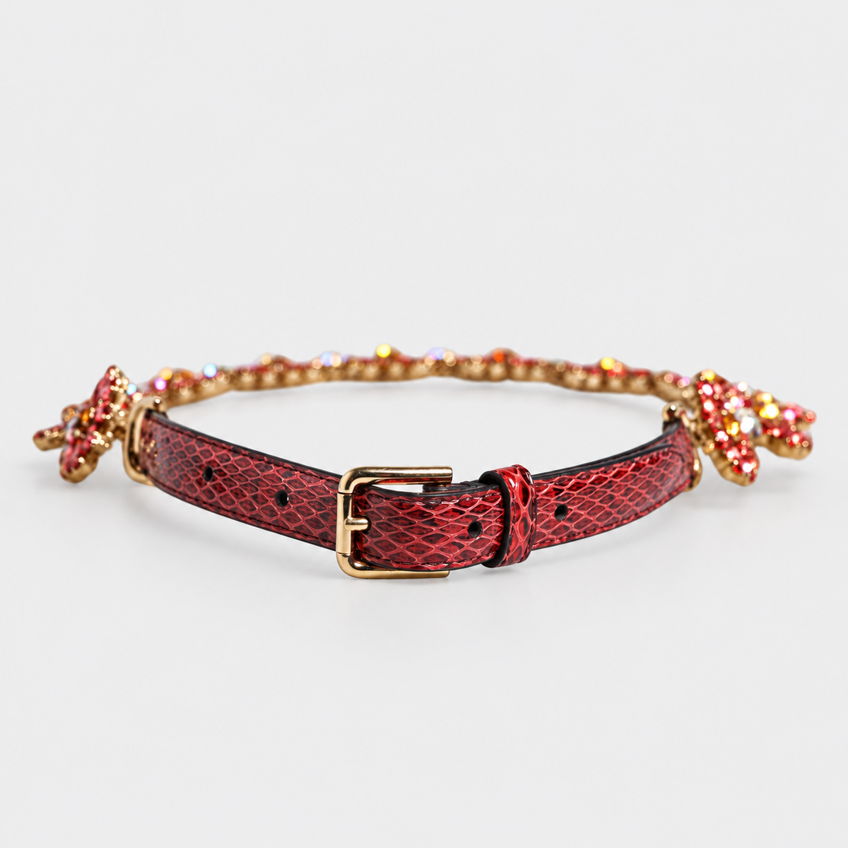 Dolce & Gabbana Red Leather Daisy Crystal Embellished Waist Belt - studio view 3