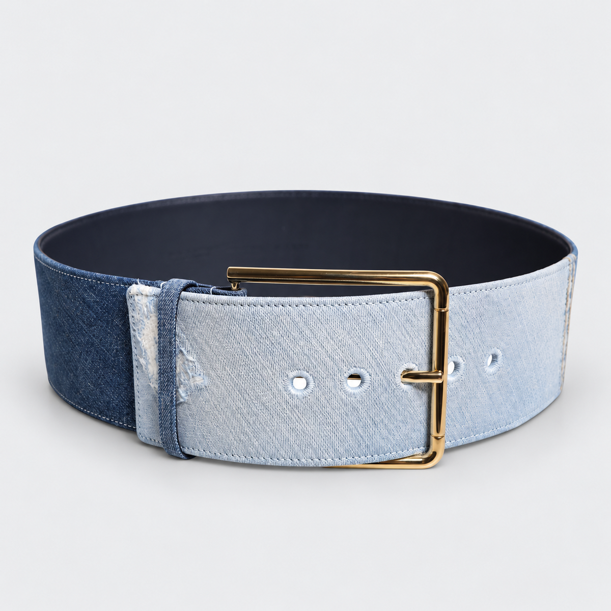 Dolce & Gabbana Two Tone Blue Denim Gold Metal Buckle Belt - studio view 3