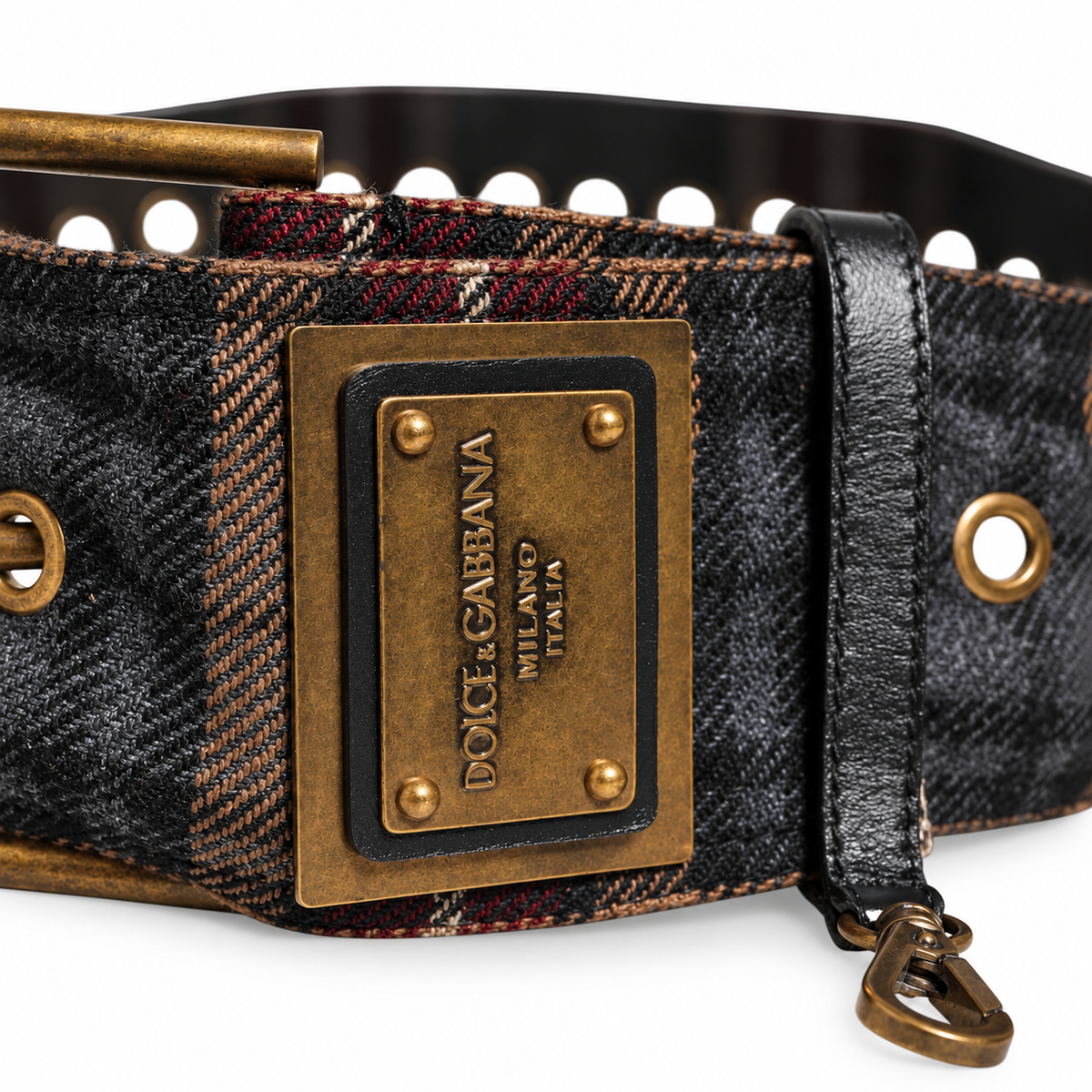 Dolce & Gabbana Plaid Fabric Logo Plate Brass Buckle Belt - BC4638 AO959 89874 - view 5