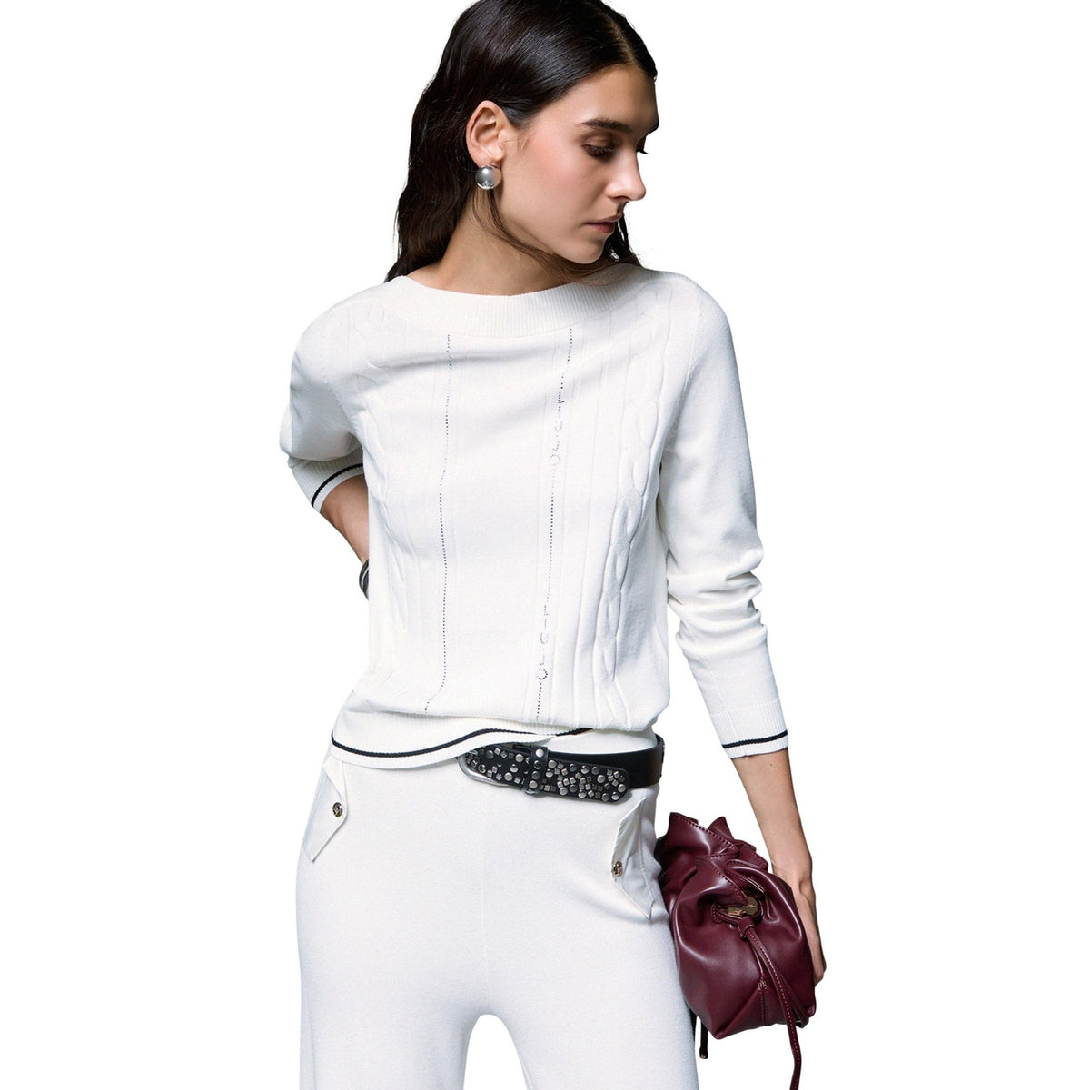 Дамски бял пуловер Liu Jo Women Cable Knit Sweater TF6189MS63L V9389 Front View